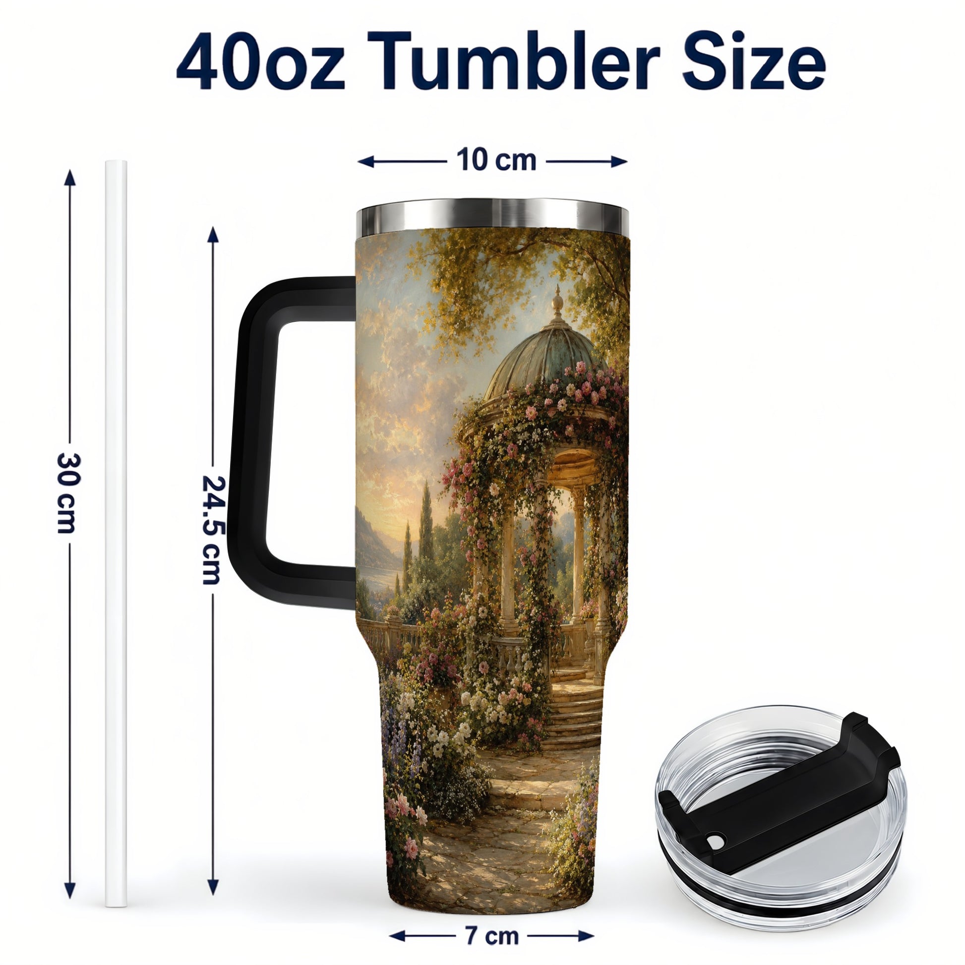 #pl[40oz|Black] Rose Garden Gazebo 40oz Tumbler with Handle, Lakeside Floral Scene