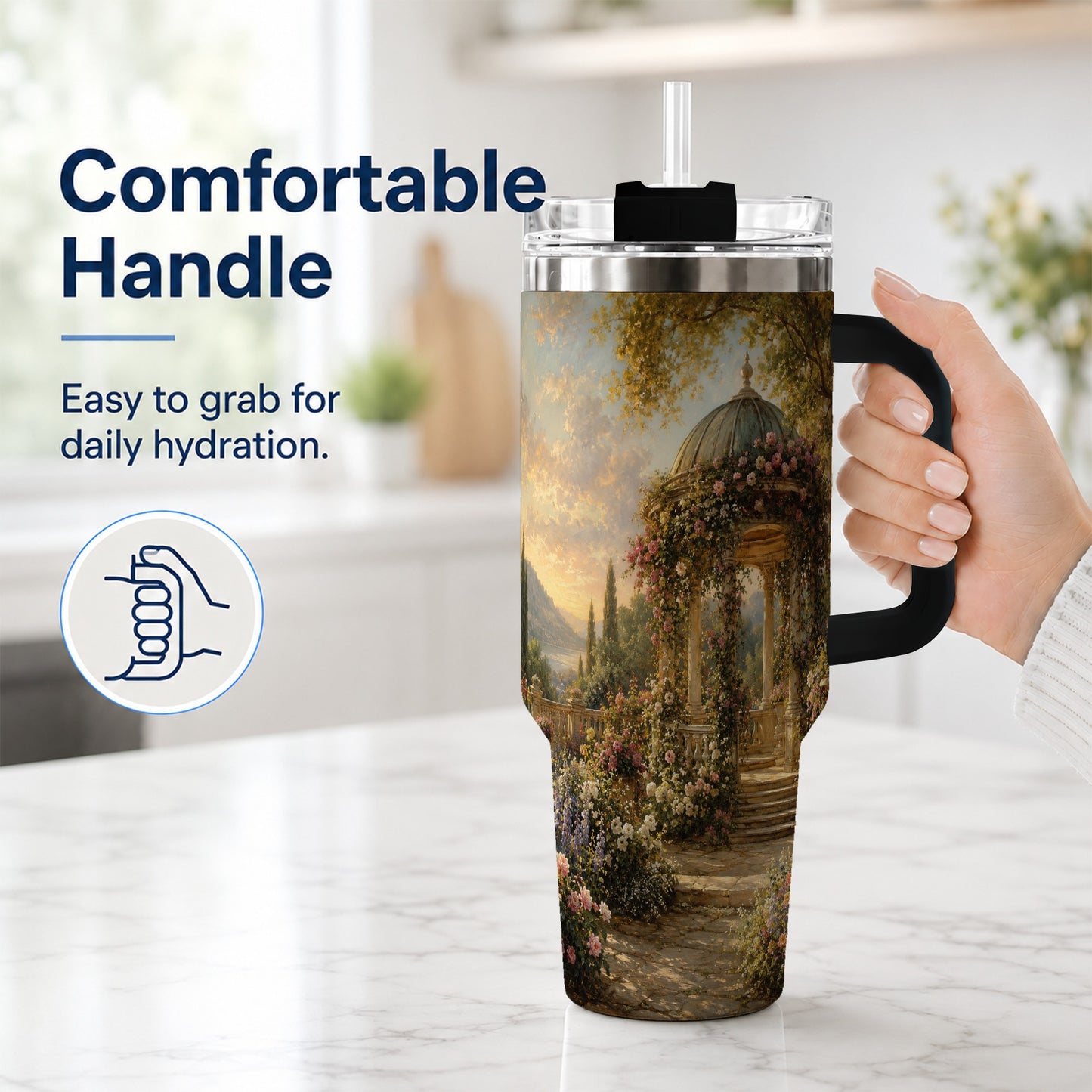 #pl[40oz|Black] Rose Garden Gazebo 40oz Tumbler with Handle, Lakeside Floral Scene