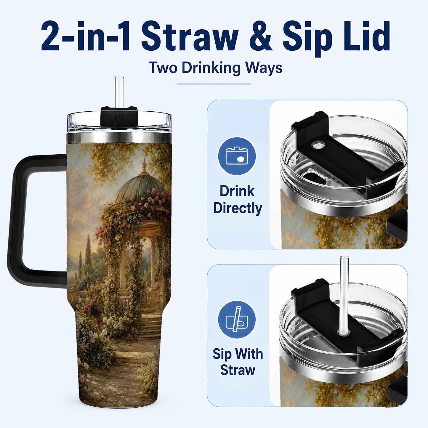 #pl[40oz|Black] Rose Garden Gazebo 40oz Tumbler with Handle, Lakeside Floral Scene