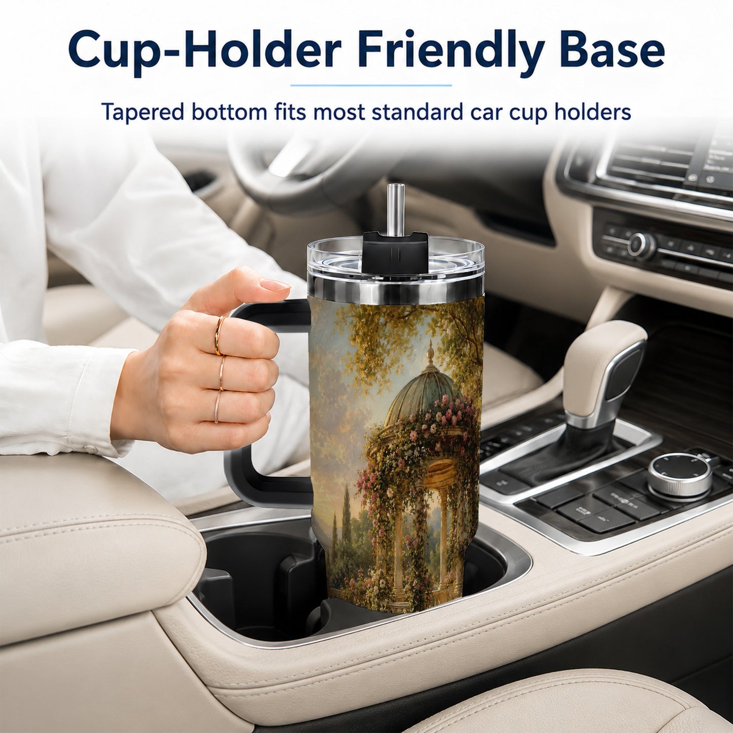 #pl[40oz|Black] Rose Garden Gazebo 40oz Tumbler with Handle, Lakeside Floral Scene