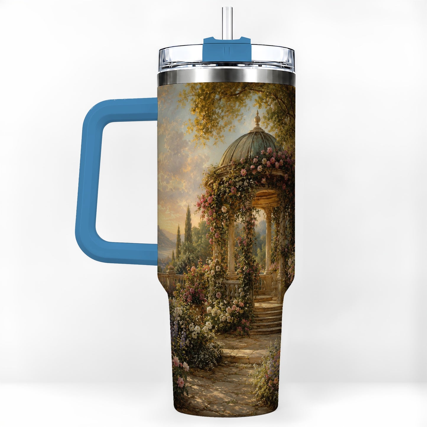 #pl[40oz|Blue] Rose Garden Gazebo 40oz Tumbler with Handle, Lakeside Floral Scene