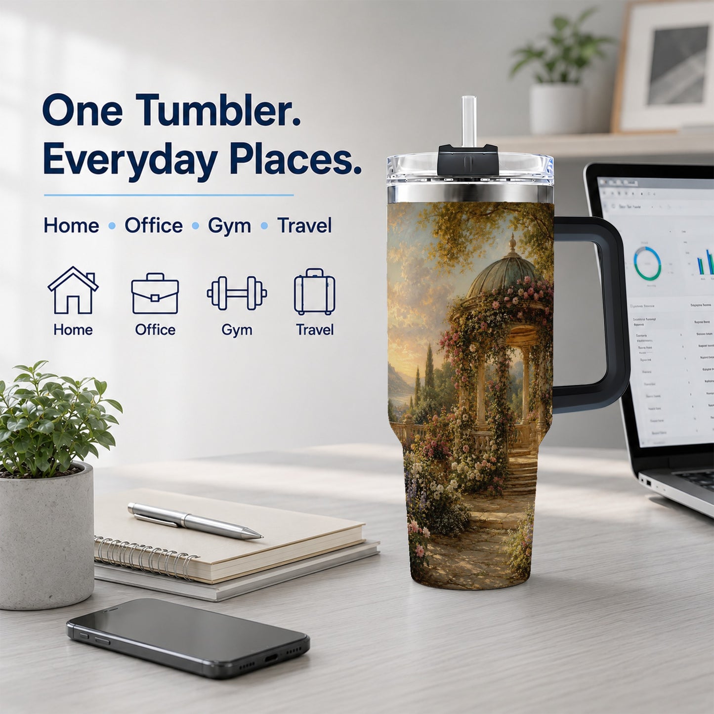 #pl[40oz|Black] Rose Garden Gazebo 40oz Tumbler with Handle, Lakeside Floral Scene