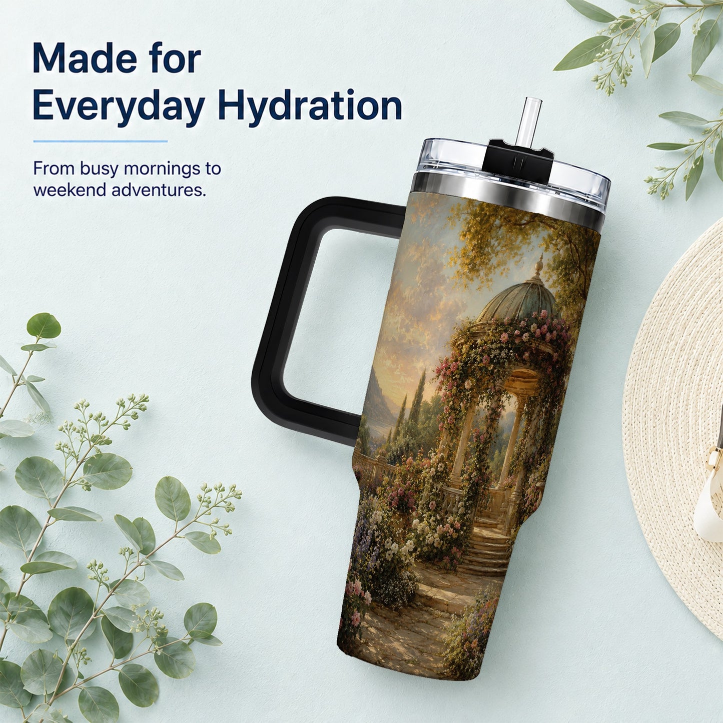 #pl[40oz|Black] Rose Garden Gazebo 40oz Tumbler with Handle, Lakeside Floral Scene