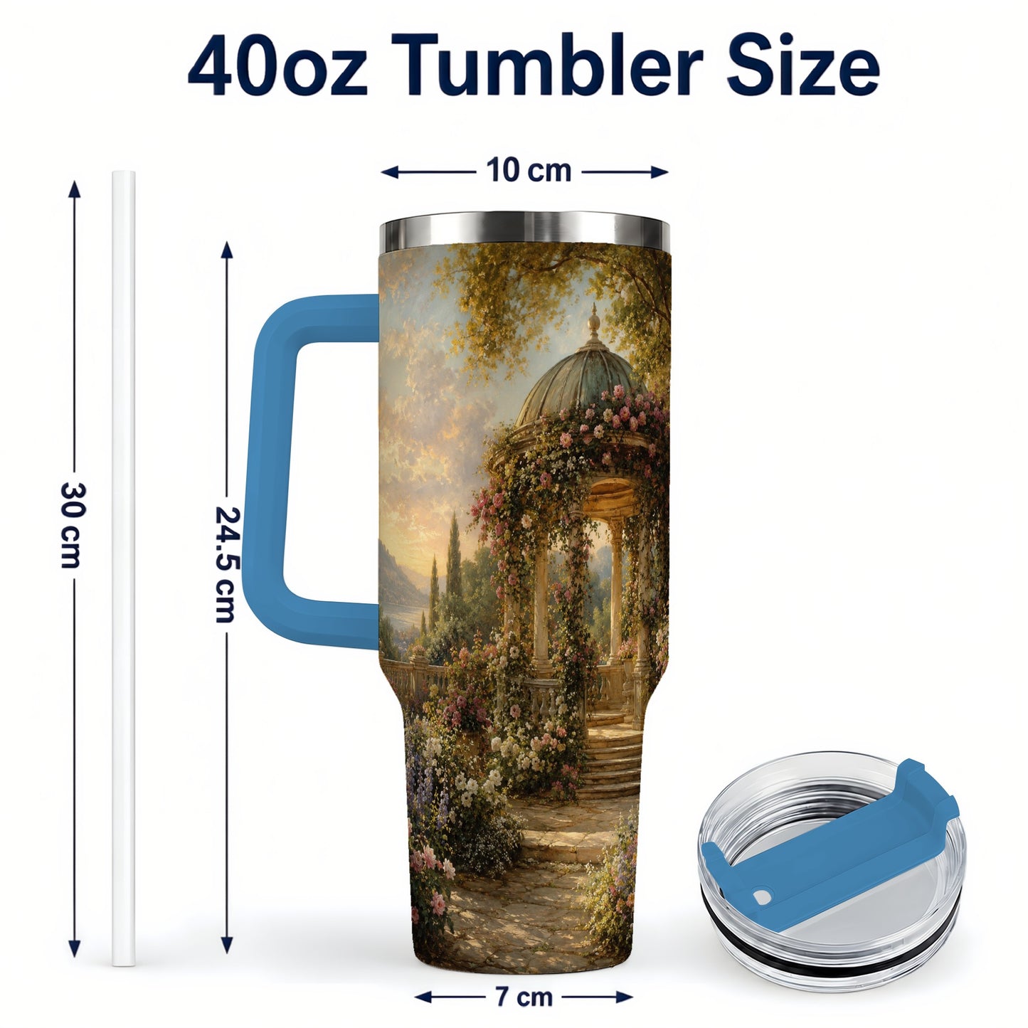 #pl[40oz|Blue] Rose Garden Gazebo 40oz Tumbler with Handle, Lakeside Floral Scene