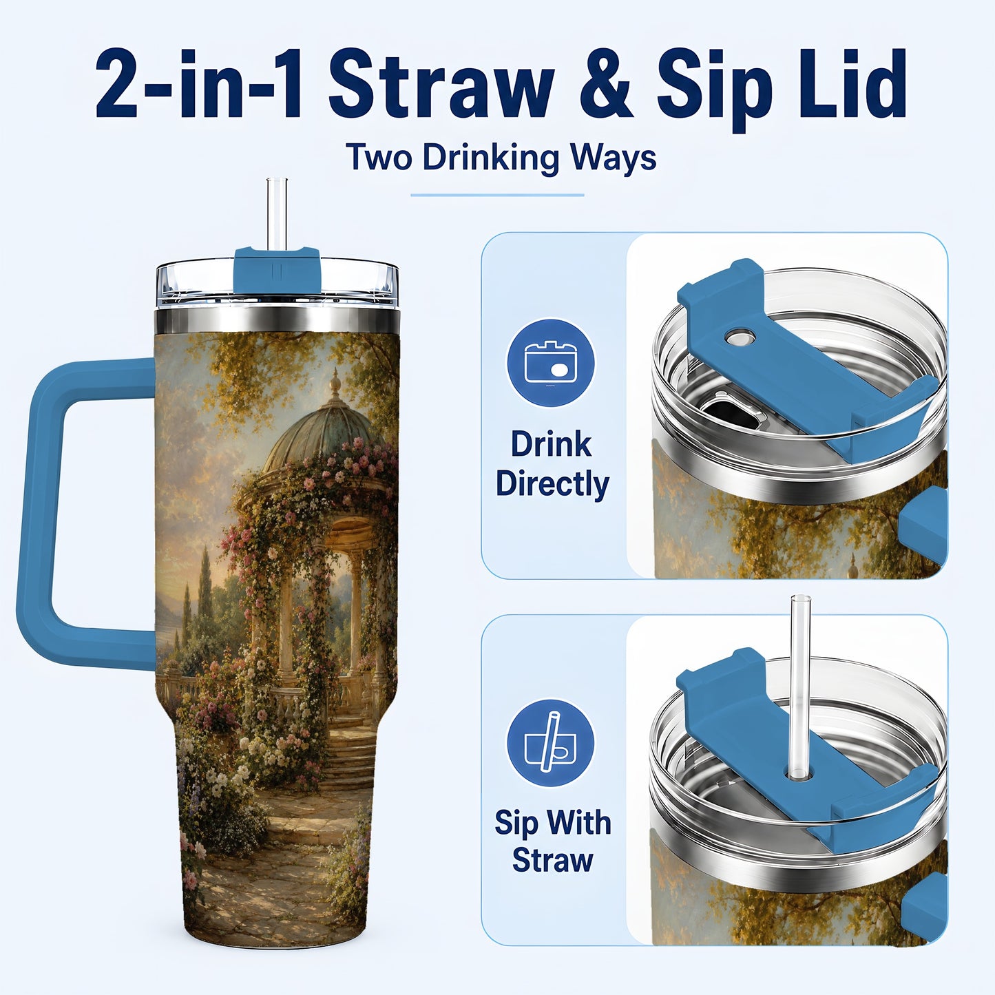 #pl[40oz|Blue] Rose Garden Gazebo 40oz Tumbler with Handle, Lakeside Floral Scene