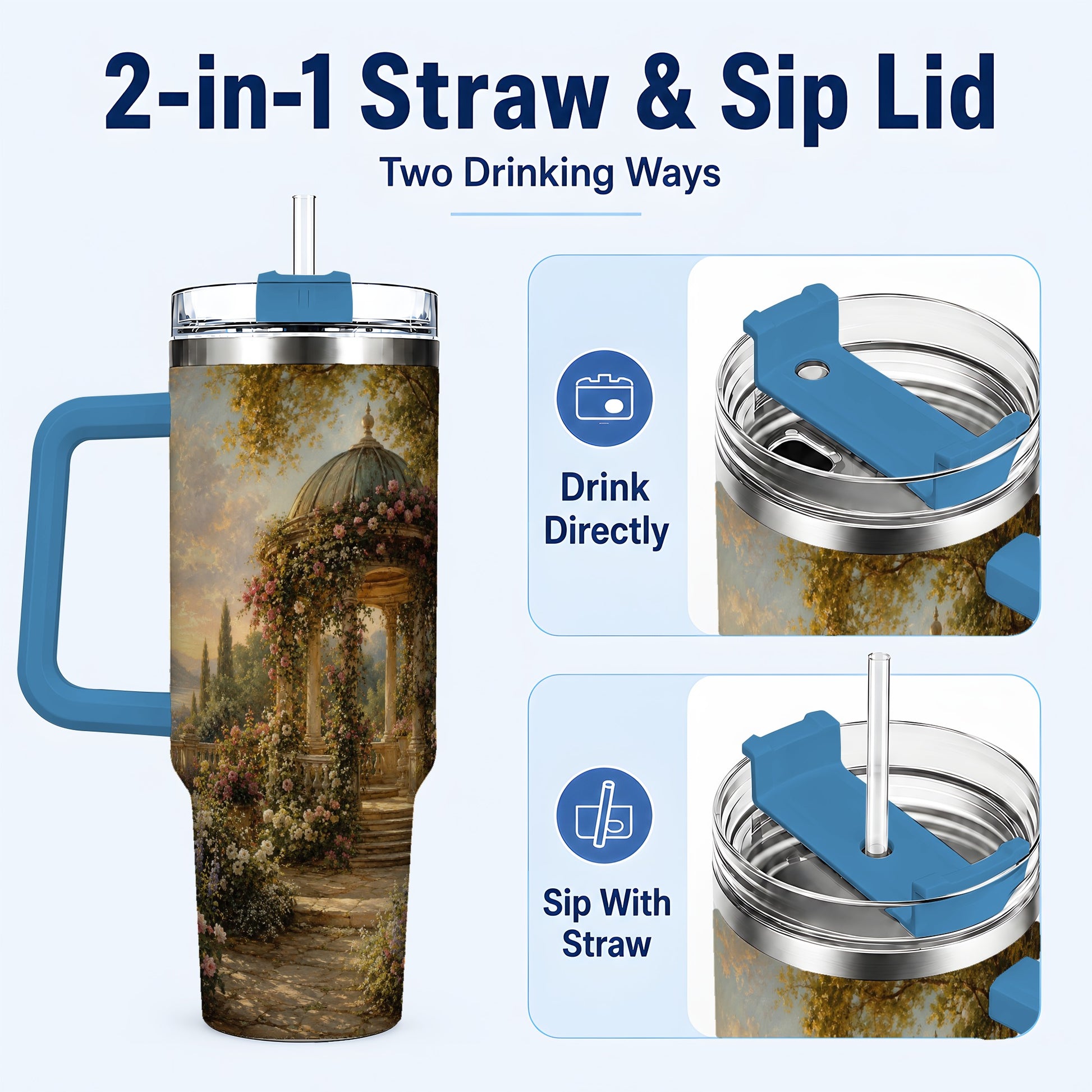 #pl[40oz|Blue] Rose Garden Gazebo 40oz Tumbler with Handle, Lakeside Floral Scene