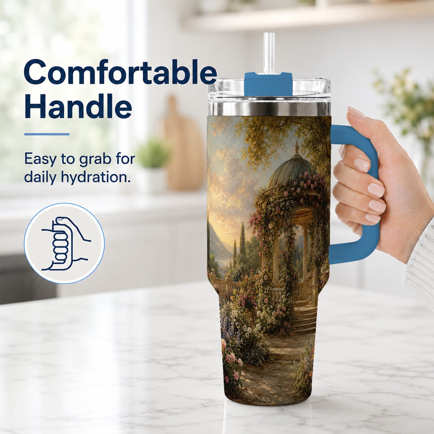 #pl[40oz|Blue] Rose Garden Gazebo 40oz Tumbler with Handle, Lakeside Floral Scene