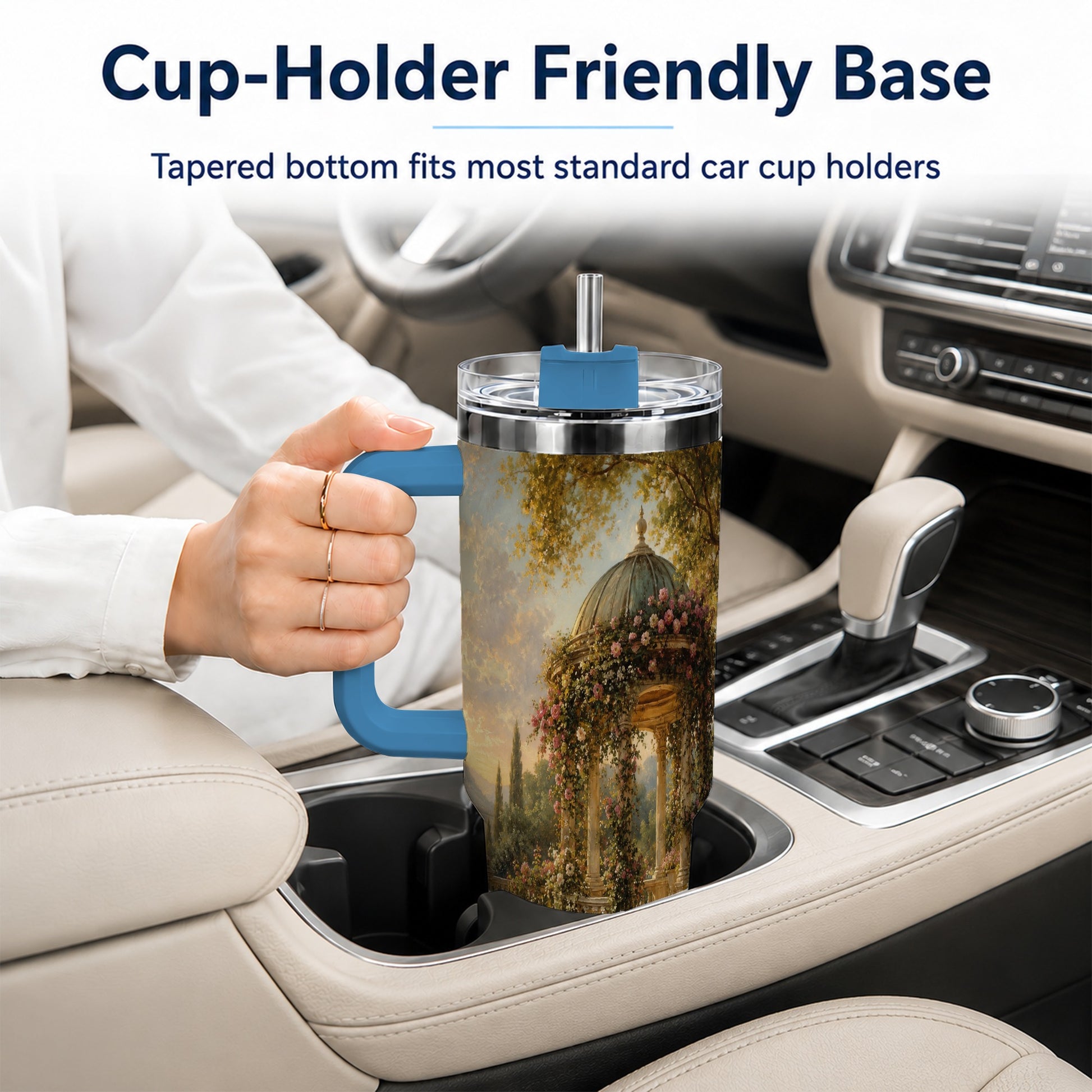 #pl[40oz|Blue] Rose Garden Gazebo 40oz Tumbler with Handle, Lakeside Floral Scene