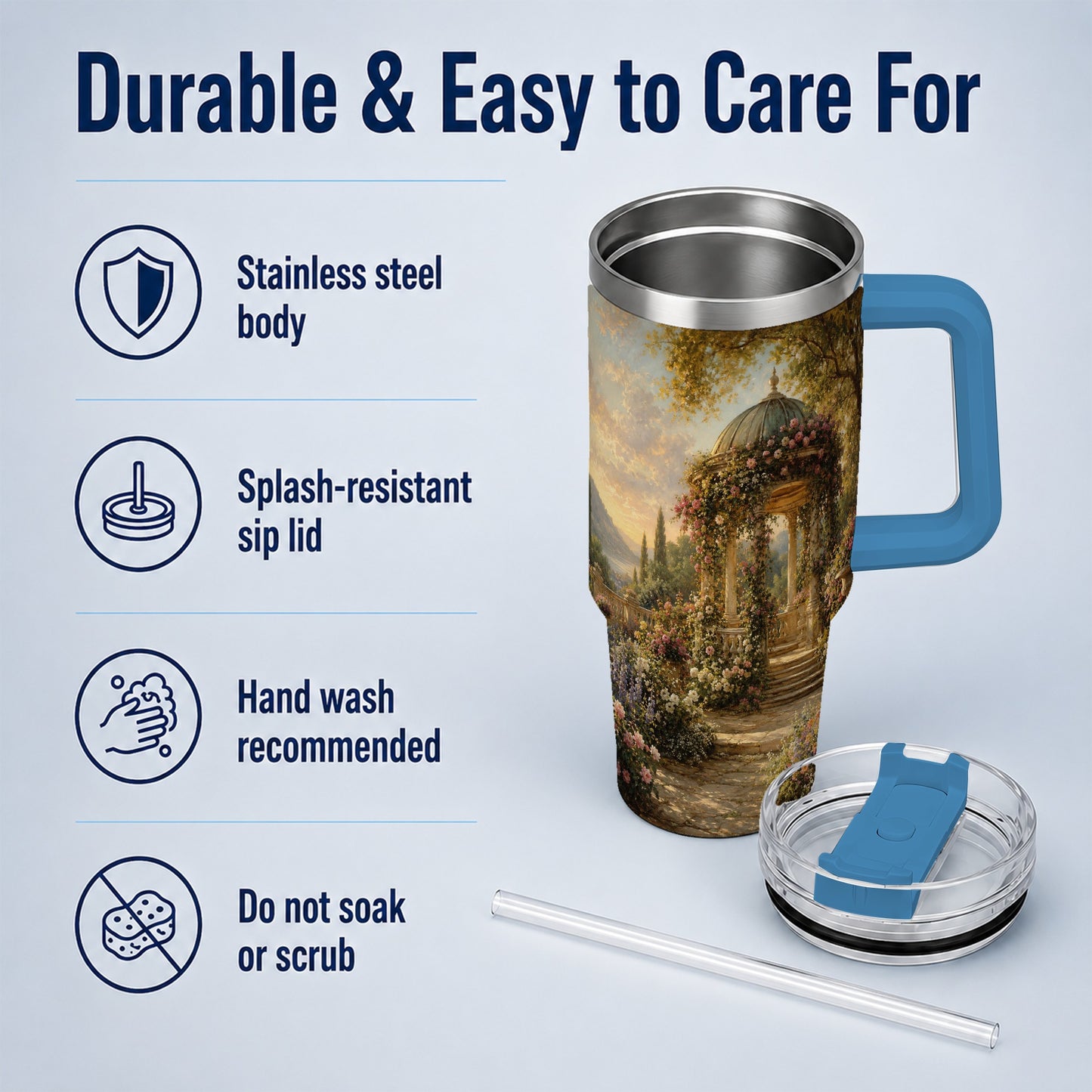 #pl[40oz|Blue] Rose Garden Gazebo 40oz Tumbler with Handle, Lakeside Floral Scene