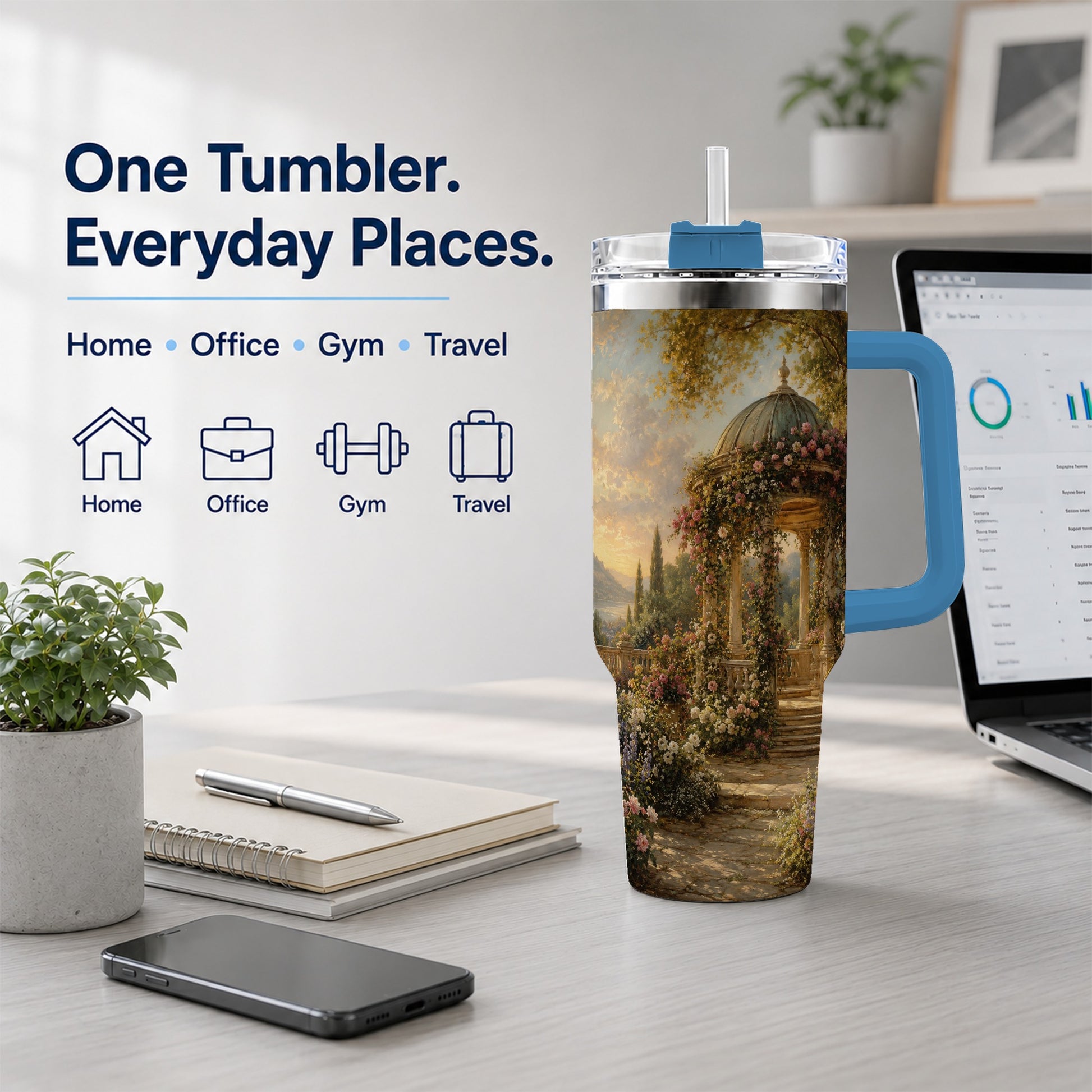 #pl[40oz|Blue] Rose Garden Gazebo 40oz Tumbler with Handle, Lakeside Floral Scene