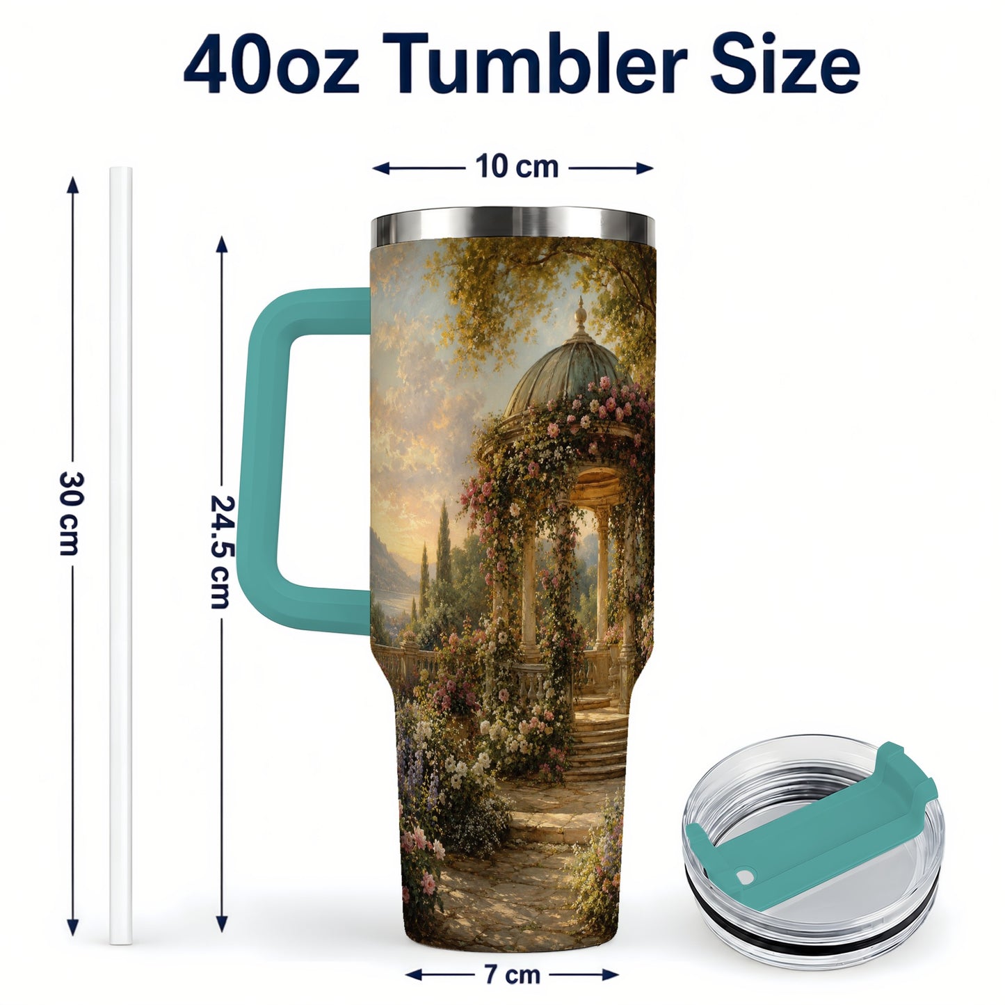 #pl[40oz|Green] Rose Garden Gazebo 40oz Tumbler with Handle, Lakeside Floral Scene