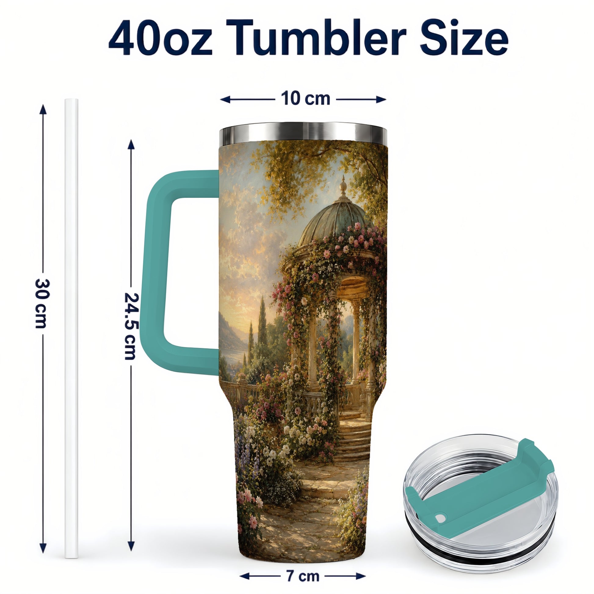 #pl[40oz|Green] Rose Garden Gazebo 40oz Tumbler with Handle, Lakeside Floral Scene