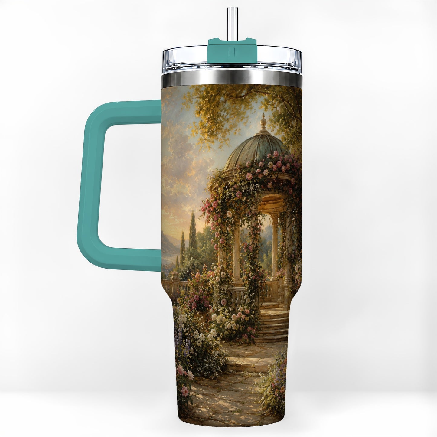 #pl[40oz|Green] Rose Garden Gazebo 40oz Tumbler with Handle, Lakeside Floral Scene