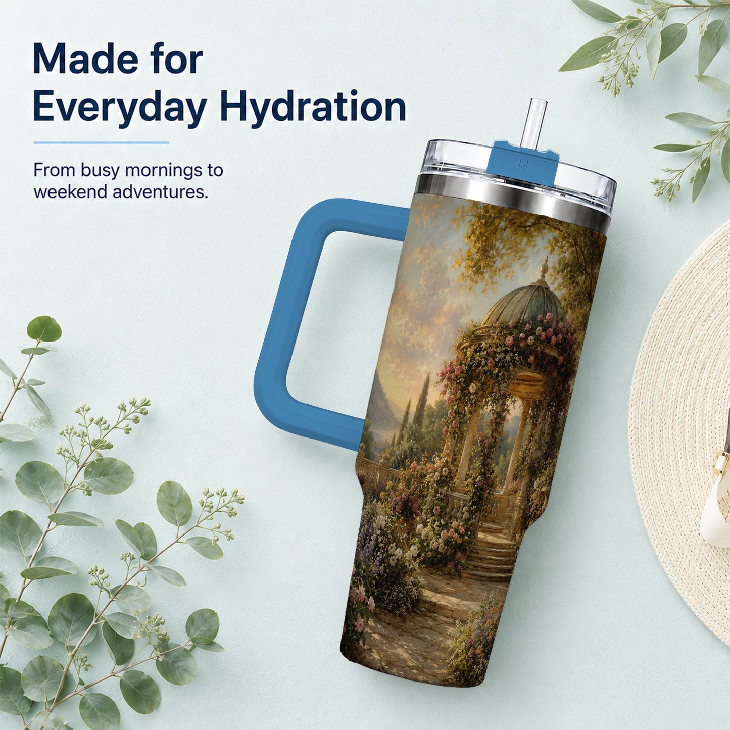 #pl[40oz|Blue] Rose Garden Gazebo 40oz Tumbler with Handle, Lakeside Floral Scene