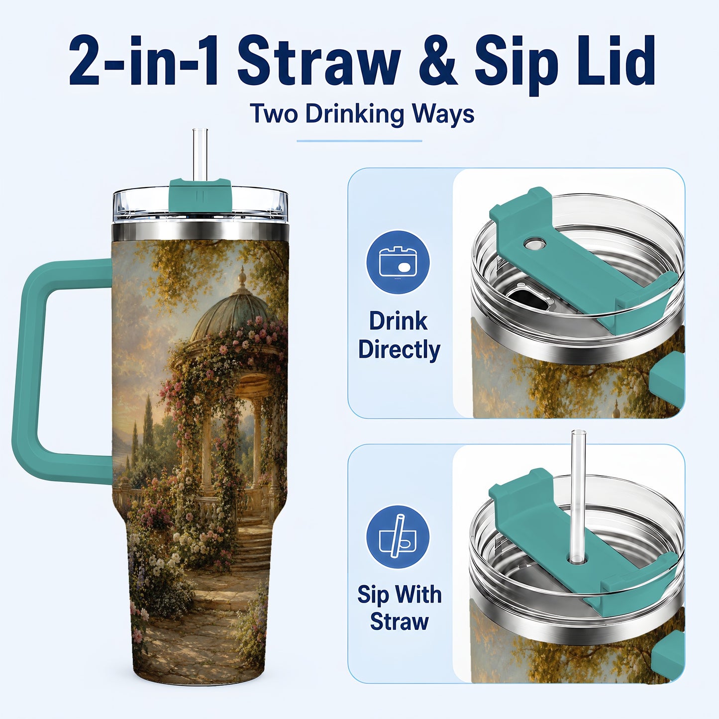 #pl[40oz|Green] Rose Garden Gazebo 40oz Tumbler with Handle, Lakeside Floral Scene