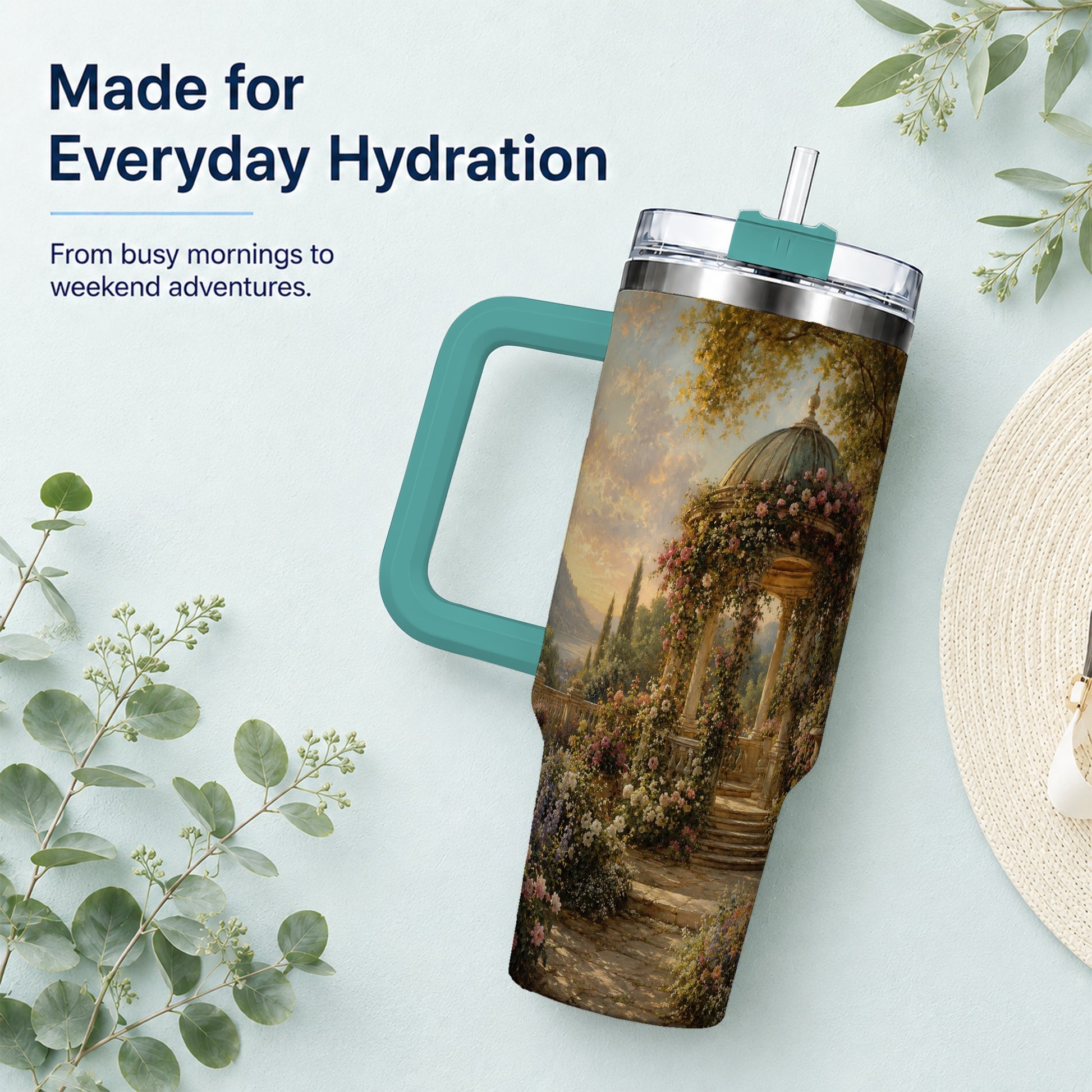 #pl[40oz|Green] Rose Garden Gazebo 40oz Tumbler with Handle, Lakeside Floral Scene