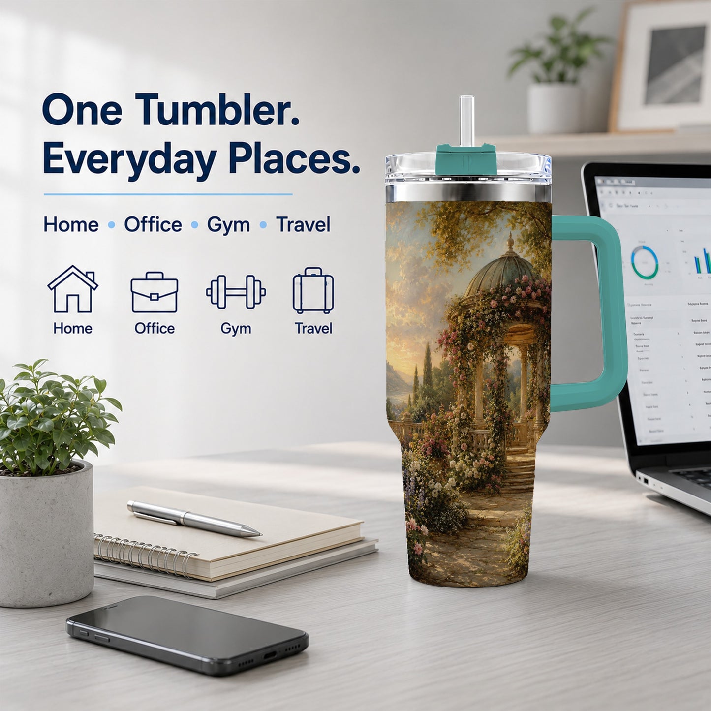 #pl[40oz|Green] Rose Garden Gazebo 40oz Tumbler with Handle, Lakeside Floral Scene