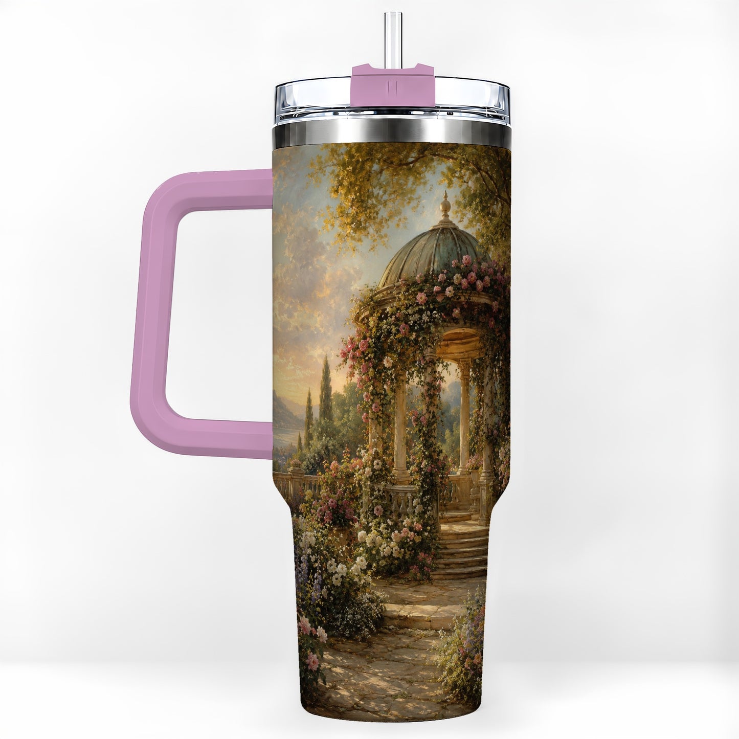 #pl[40oz|Pink] Rose Garden Gazebo 40oz Tumbler with Handle, Lakeside Floral Scene