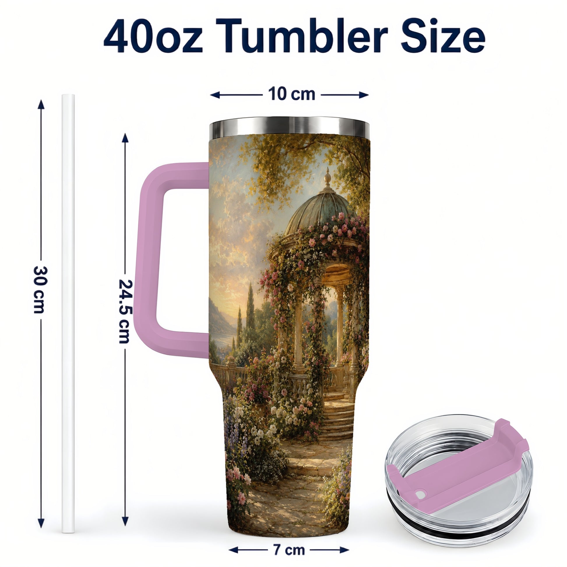 #pl[40oz|Pink] Rose Garden Gazebo 40oz Tumbler with Handle, Lakeside Floral Scene