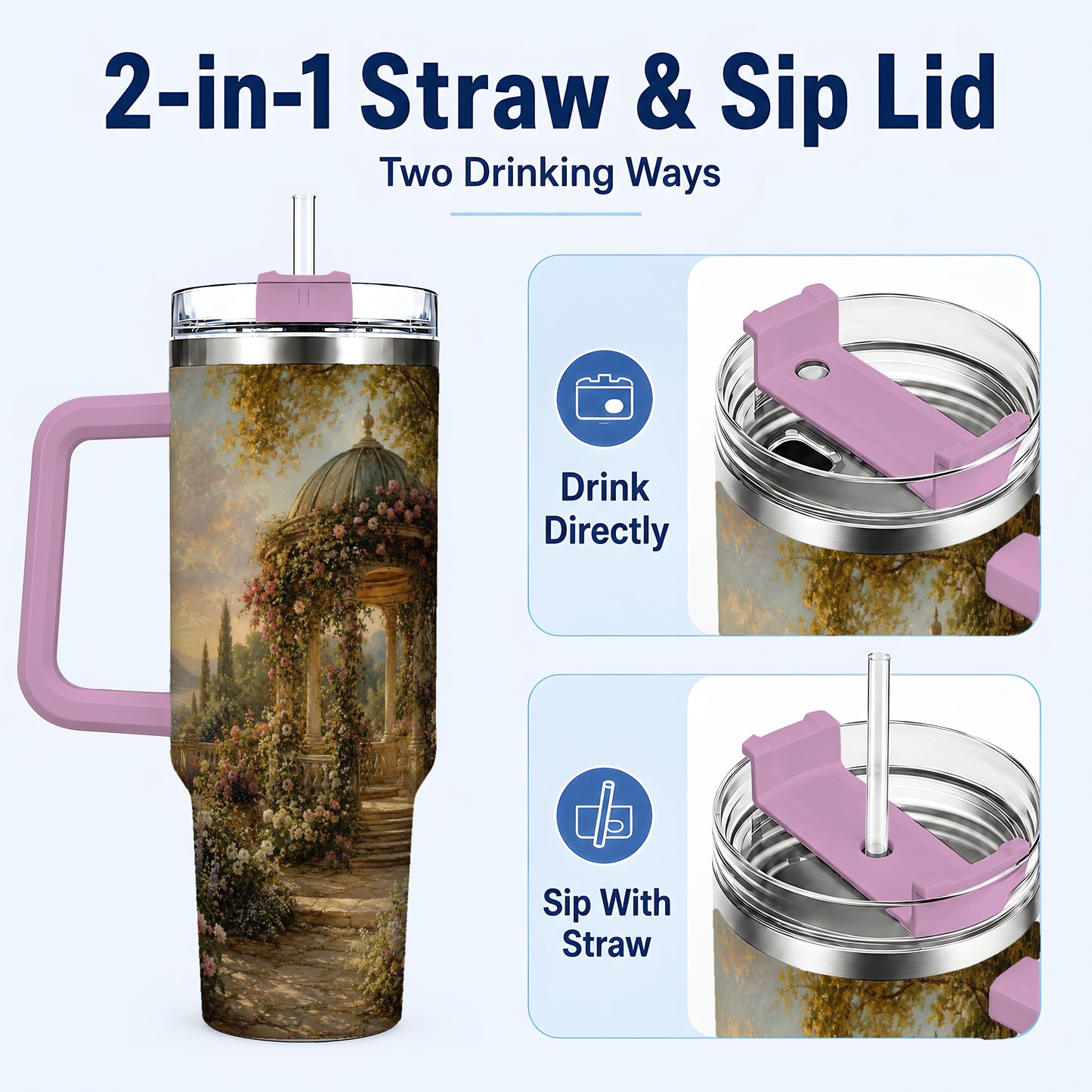 #pl[40oz|Pink] Rose Garden Gazebo 40oz Tumbler with Handle, Lakeside Floral Scene