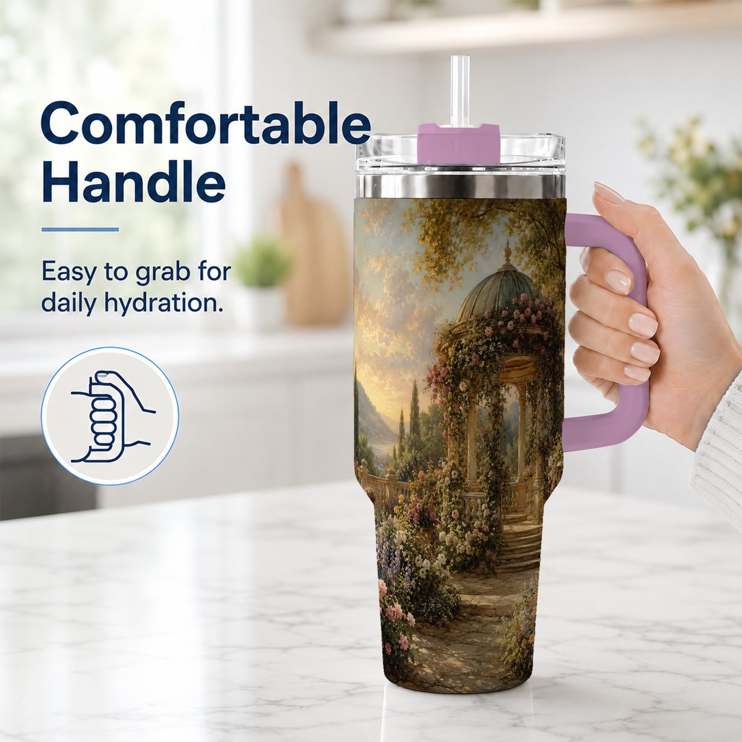#pl[40oz|Pink] Rose Garden Gazebo 40oz Tumbler with Handle, Lakeside Floral Scene