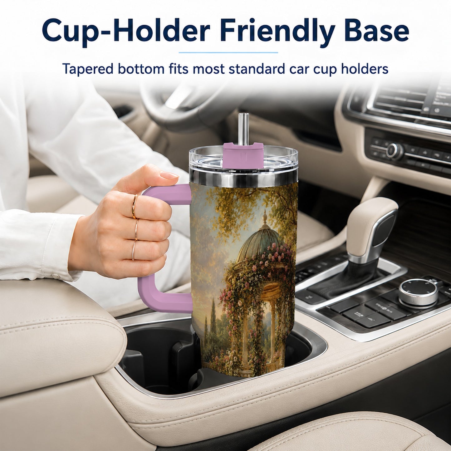 #pl[40oz|Pink] Rose Garden Gazebo 40oz Tumbler with Handle, Lakeside Floral Scene
