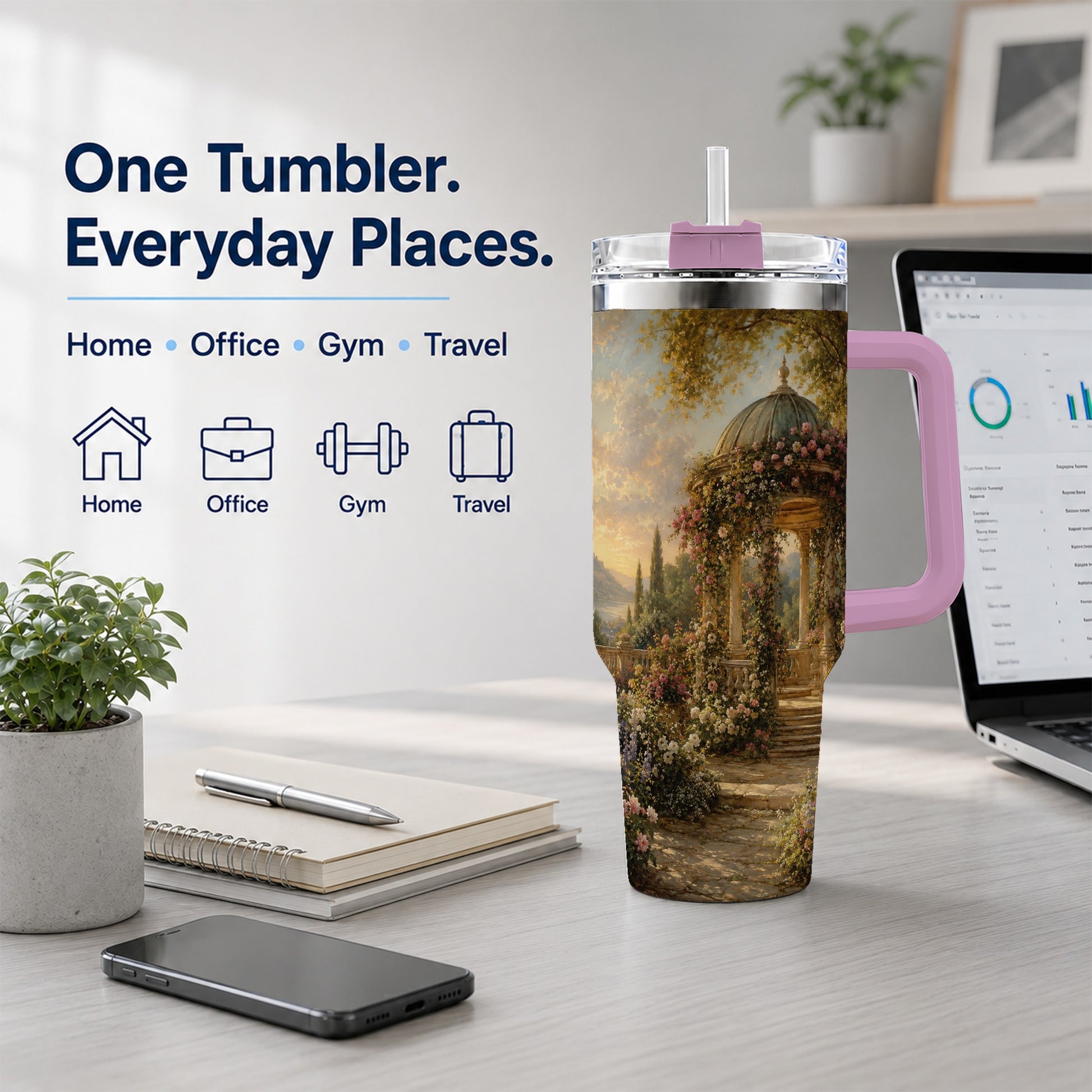 #pl[40oz|Pink] Rose Garden Gazebo 40oz Tumbler with Handle, Lakeside Floral Scene