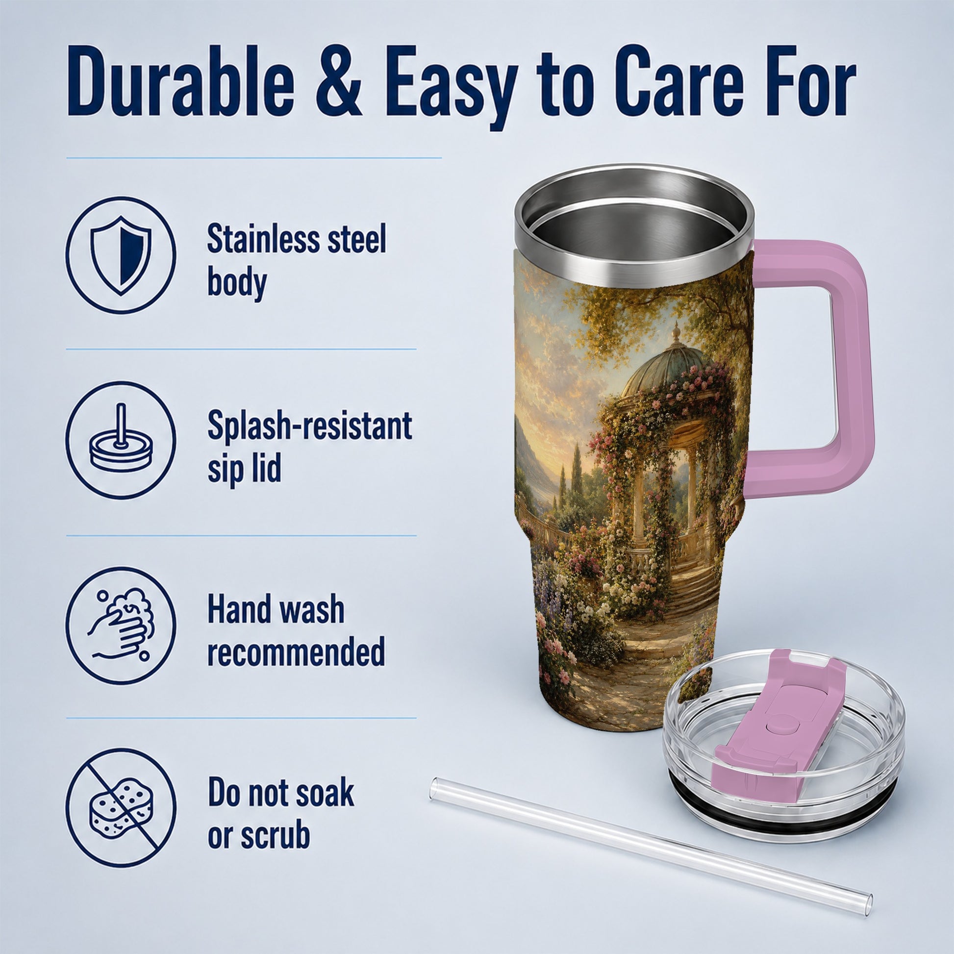 #pl[40oz|Pink] Rose Garden Gazebo 40oz Tumbler with Handle, Lakeside Floral Scene