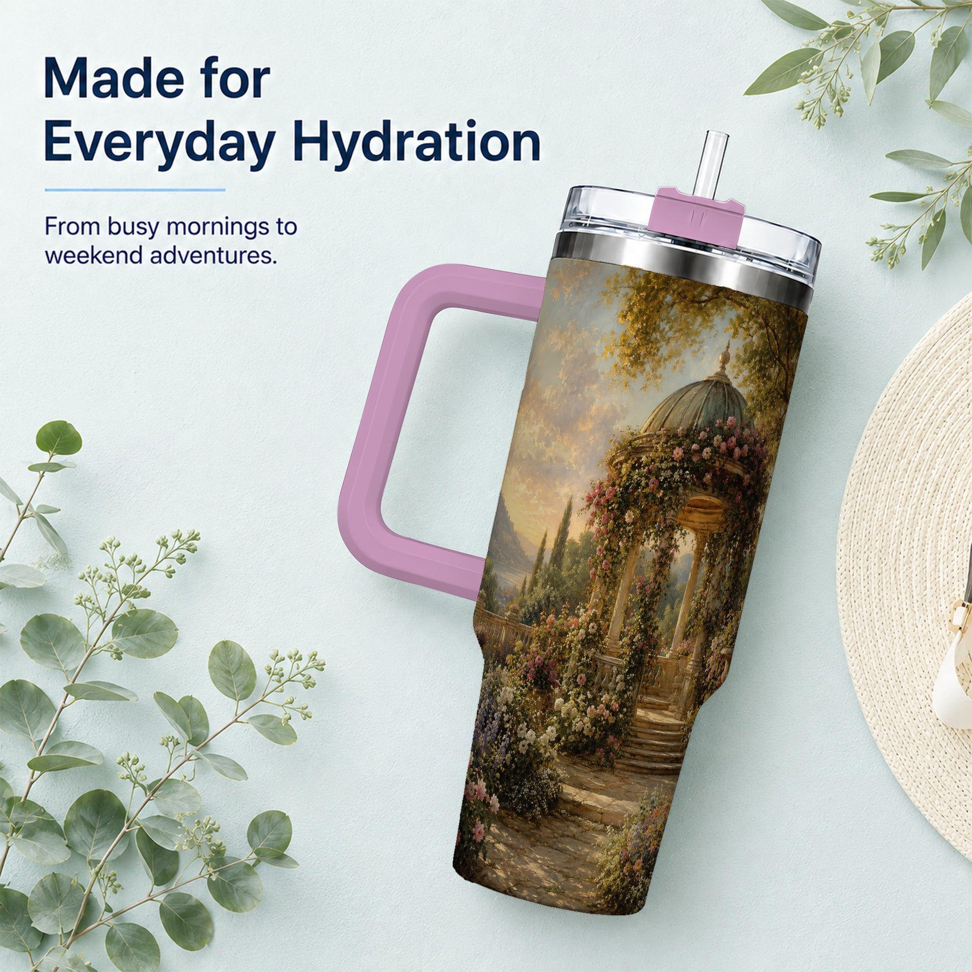 #pl[40oz|Pink] Rose Garden Gazebo 40oz Tumbler with Handle, Lakeside Floral Scene