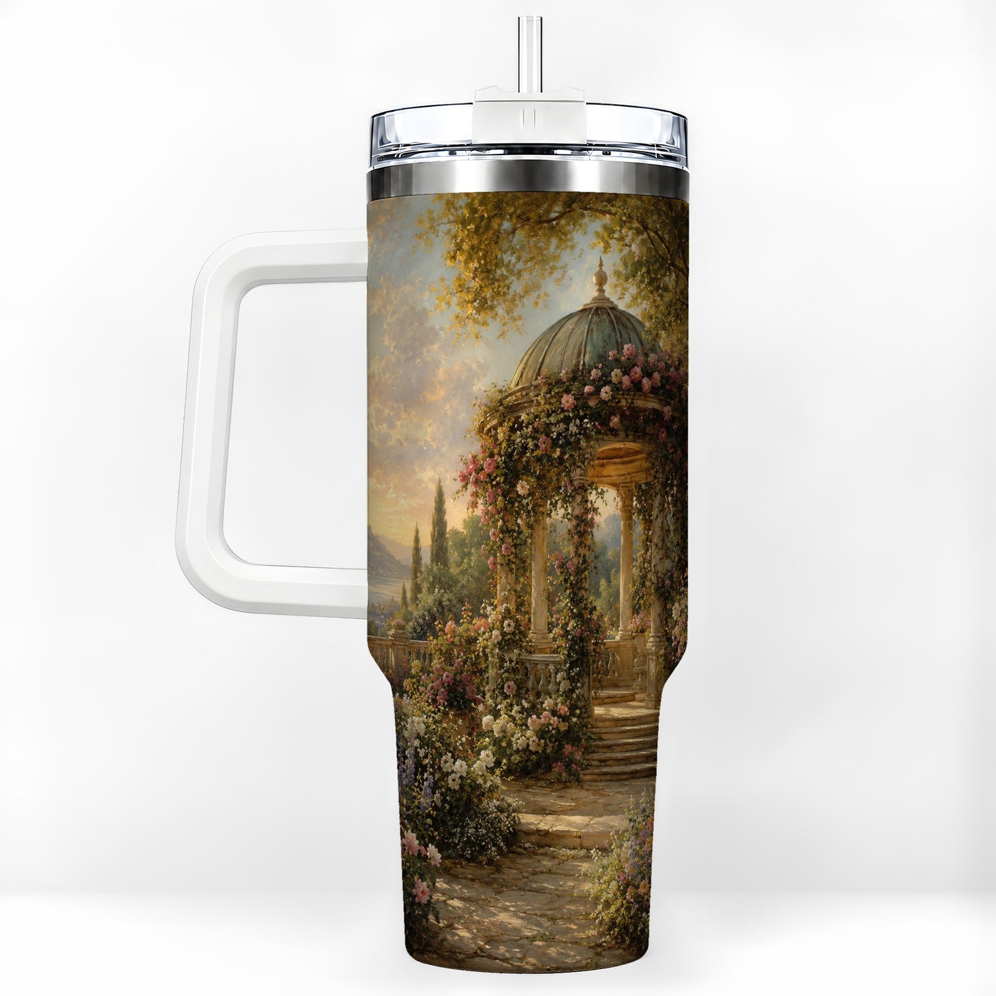 Rose Garden Gazebo 40oz Tumbler with Handle, Lakeside Floral Scene