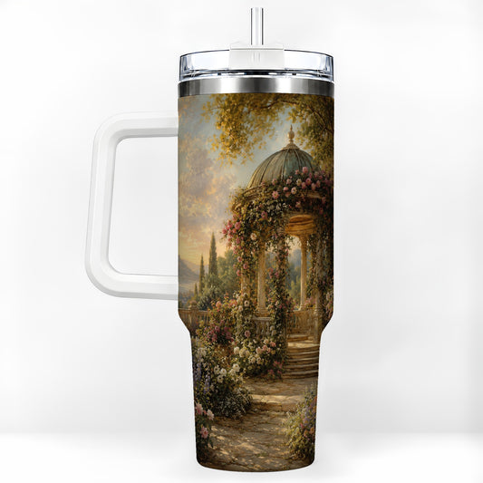 Rose Garden Gazebo 40oz Tumbler with Handle, Lakeside Floral Scene
