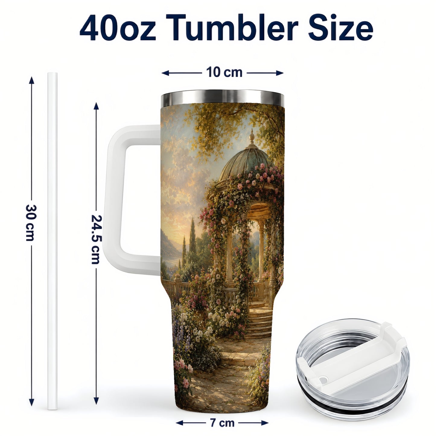 #pl[40oz|White] Rose Garden Gazebo 40oz Tumbler with Handle, Lakeside Floral Scene