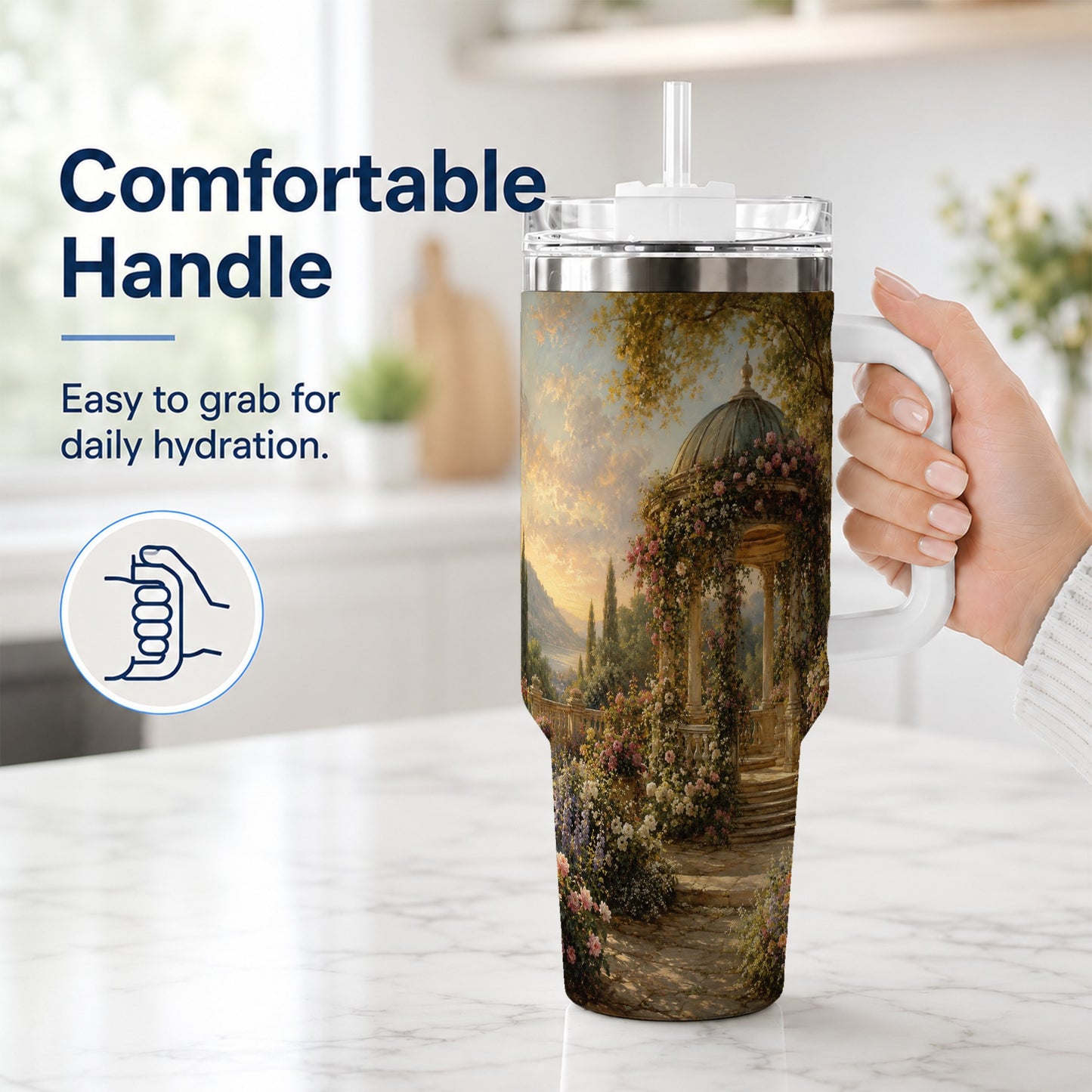 #pl[40oz|White] Rose Garden Gazebo 40oz Tumbler with Handle, Lakeside Floral Scene