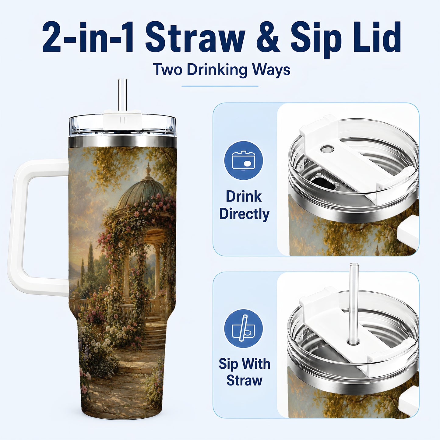 #pl[40oz|White] Rose Garden Gazebo 40oz Tumbler with Handle, Lakeside Floral Scene