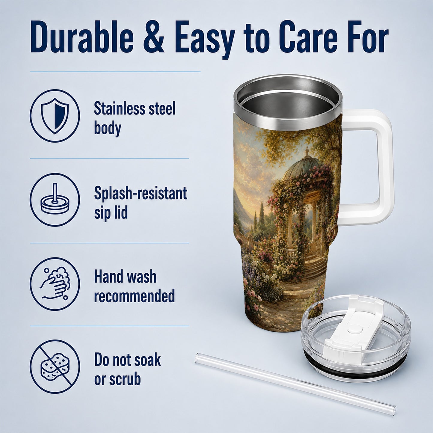 #pl[40oz|White] Rose Garden Gazebo 40oz Tumbler with Handle, Lakeside Floral Scene