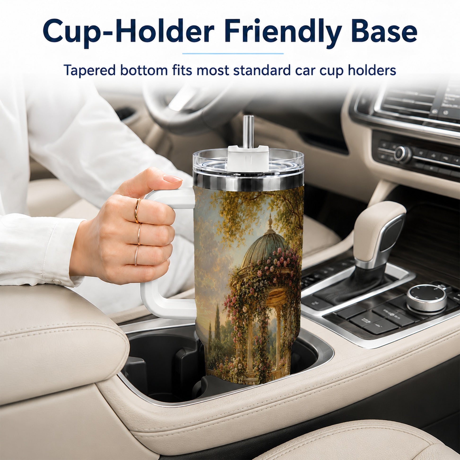 #pl[40oz|White] Rose Garden Gazebo 40oz Tumbler with Handle, Lakeside Floral Scene