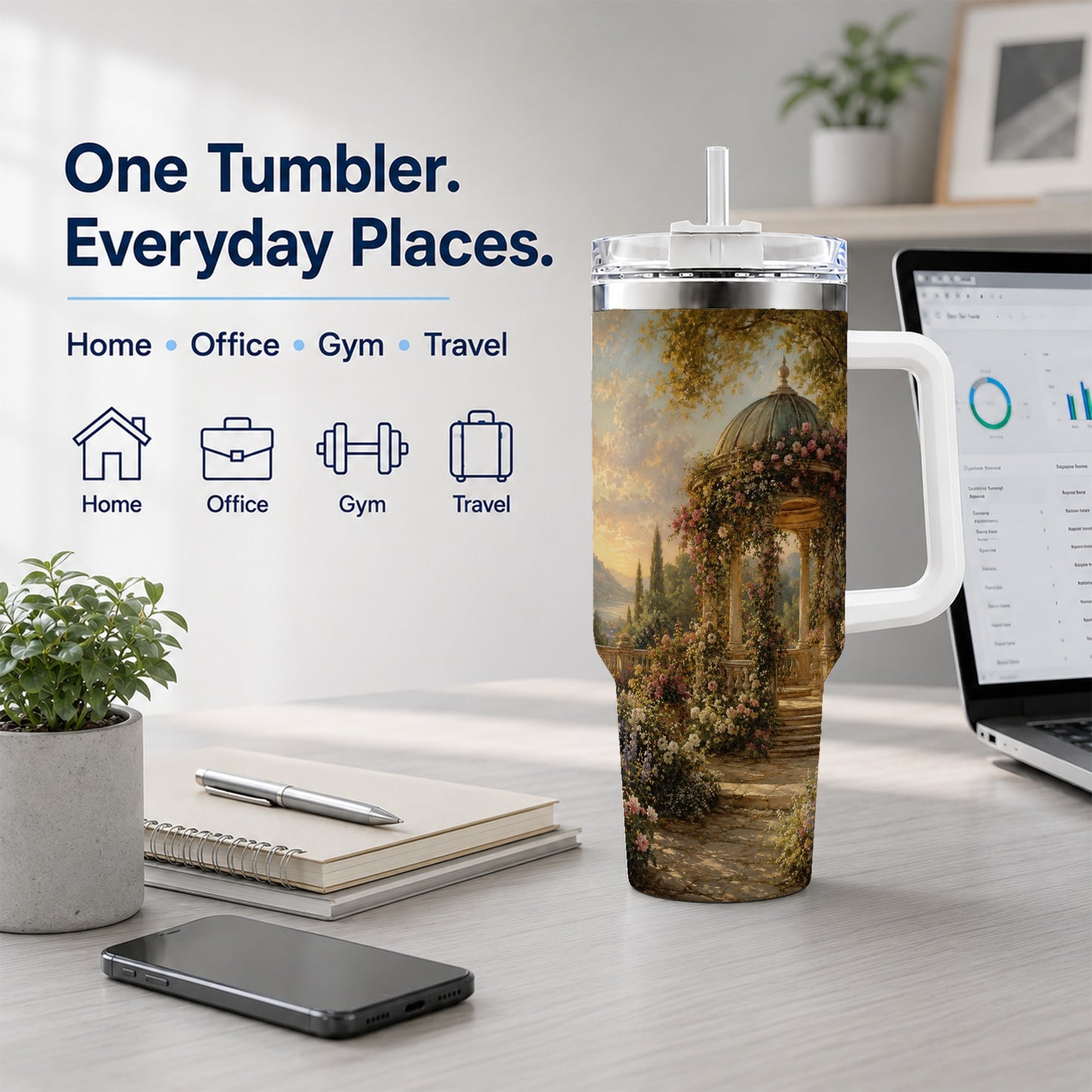#pl[40oz|White] Rose Garden Gazebo 40oz Tumbler with Handle, Lakeside Floral Scene