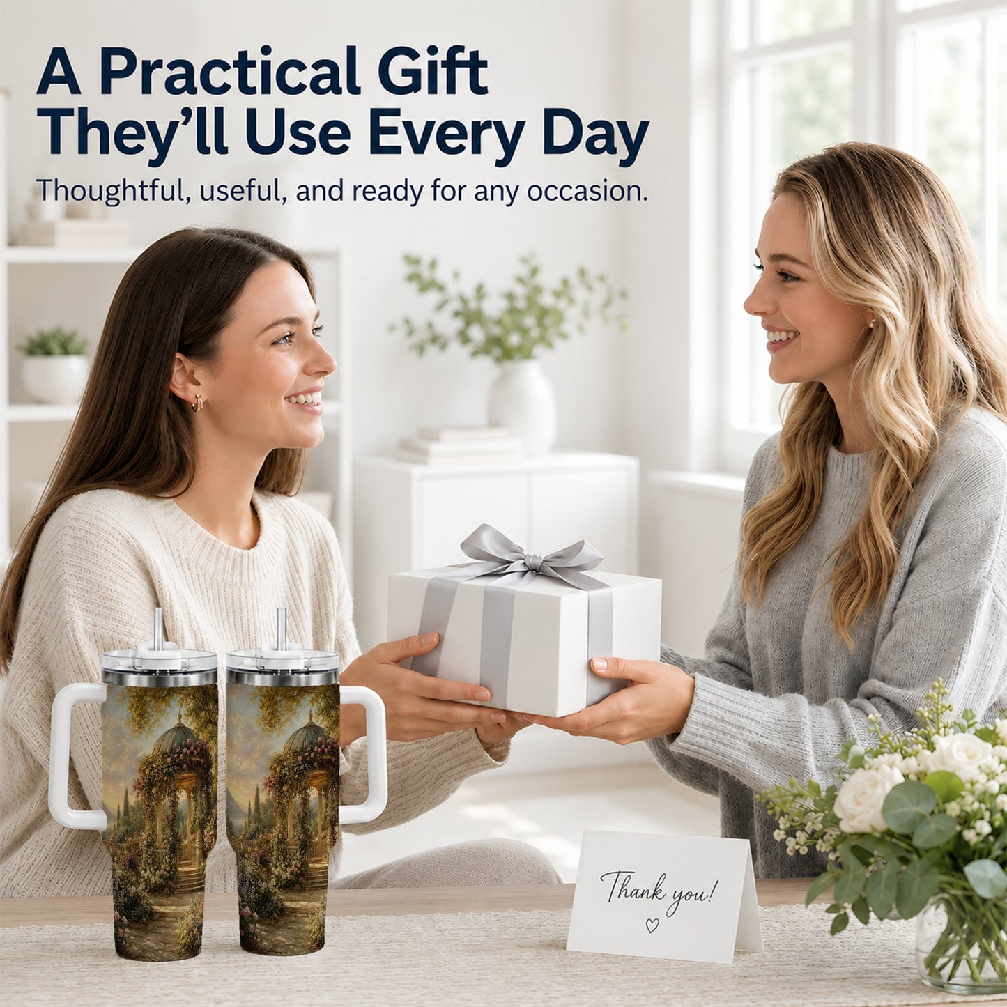 #pl[40oz|White] Rose Garden Gazebo 40oz Tumbler with Handle, Lakeside Floral Scene