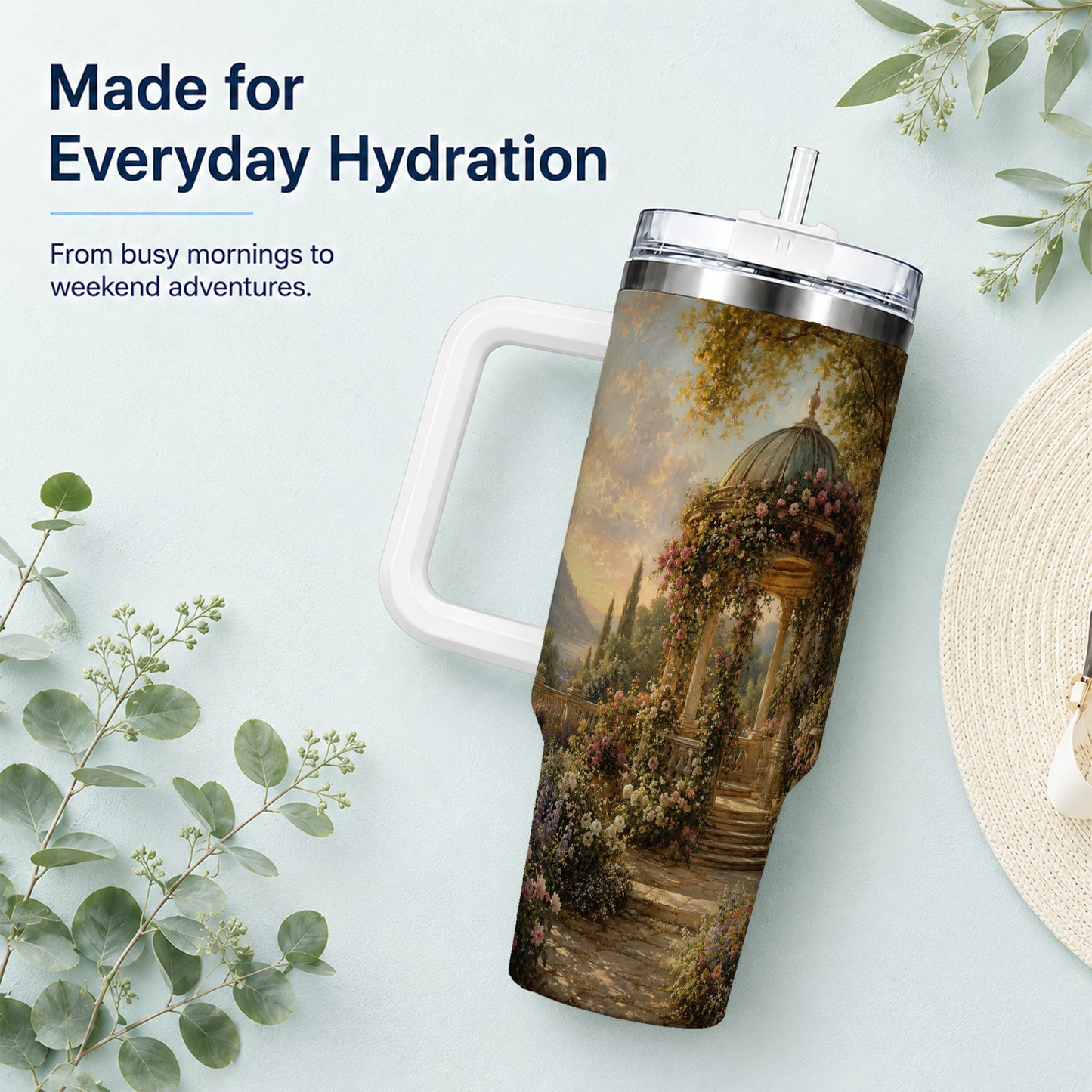 #pl[40oz|White] Rose Garden Gazebo 40oz Tumbler with Handle, Lakeside Floral Scene