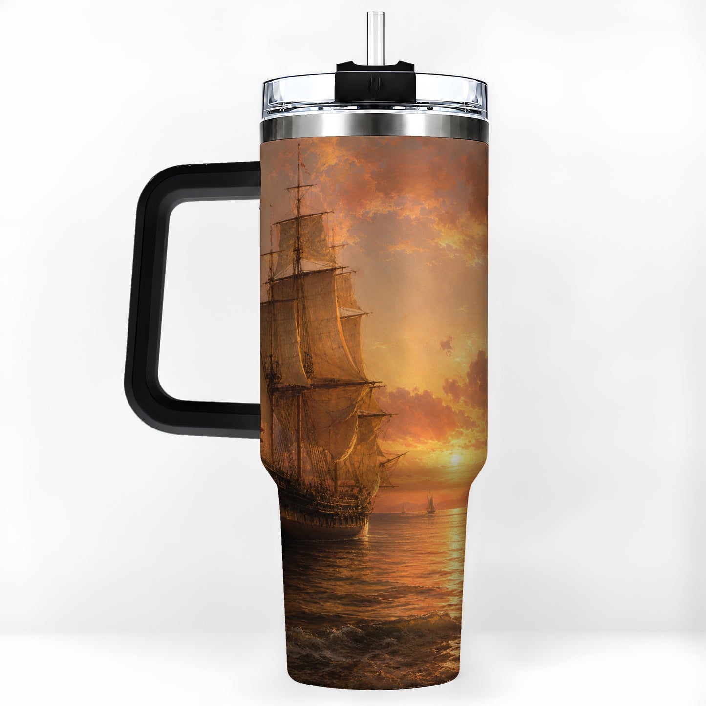 #pl[40oz|Black] Tall Ship Sunset 40oz Tumbler with Handle, Vintage Sailing Scene