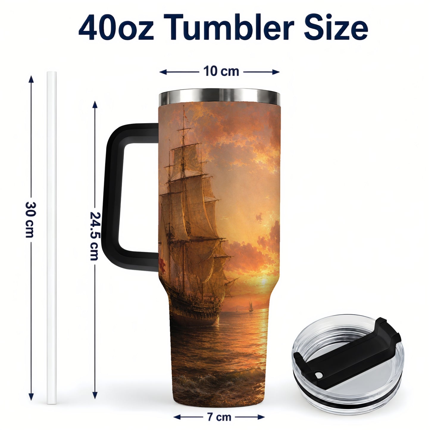 #pl[40oz|Black] Tall Ship Sunset 40oz Tumbler with Handle, Vintage Sailing Scene