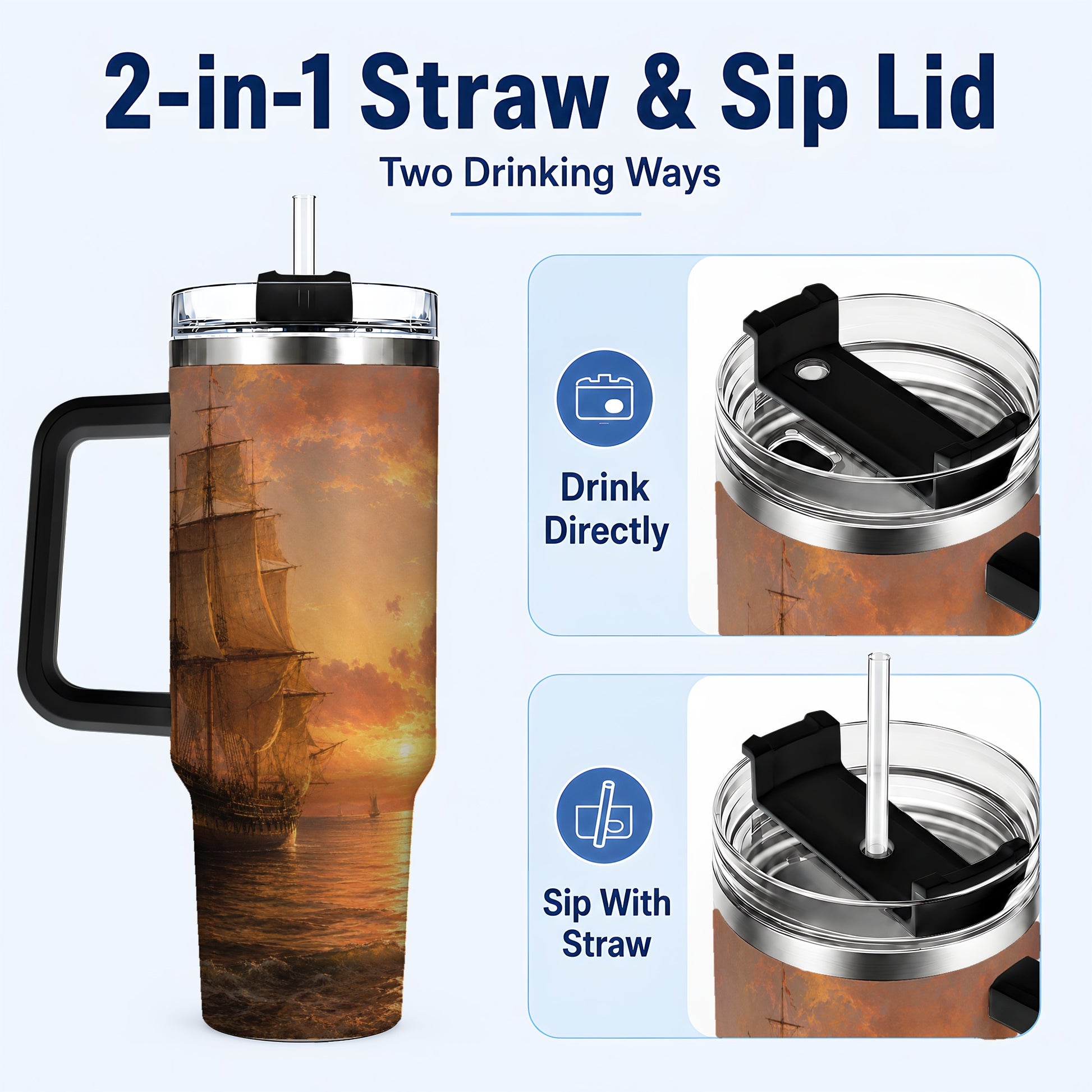 #pl[40oz|Black] Tall Ship Sunset 40oz Tumbler with Handle, Vintage Sailing Scene