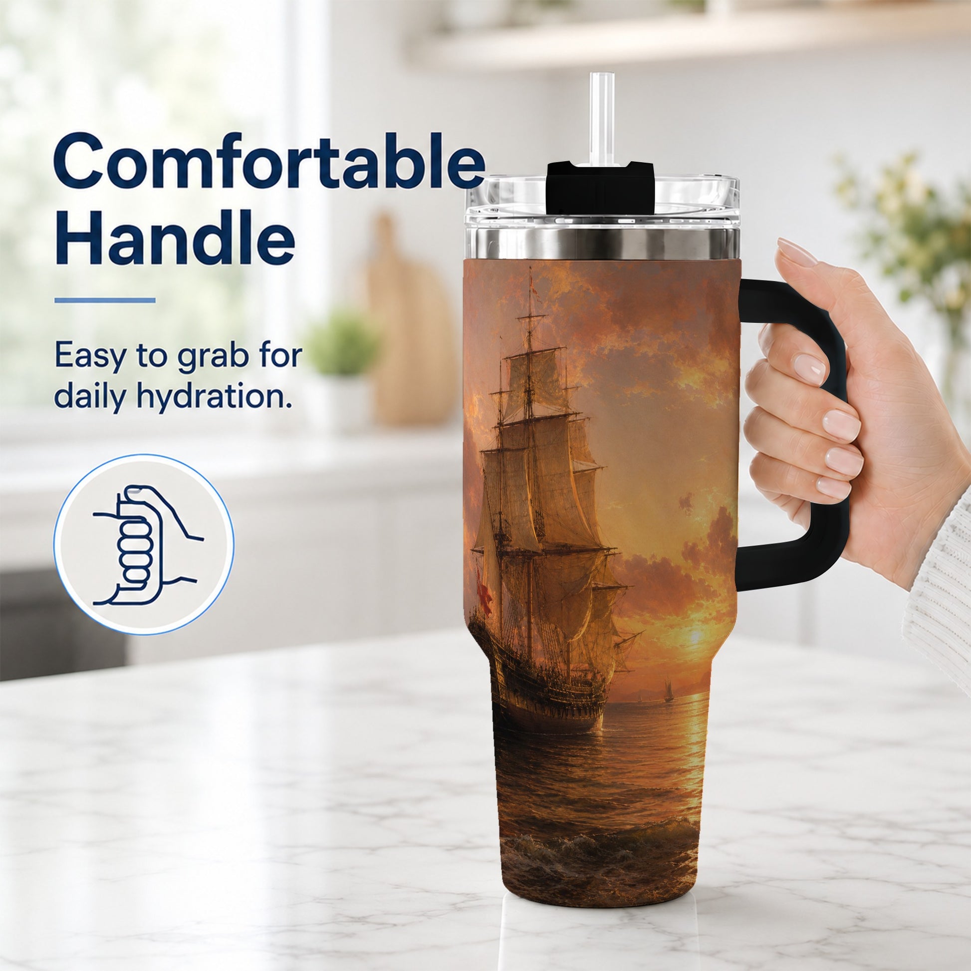 #pl[40oz|Black] Tall Ship Sunset 40oz Tumbler with Handle, Vintage Sailing Scene