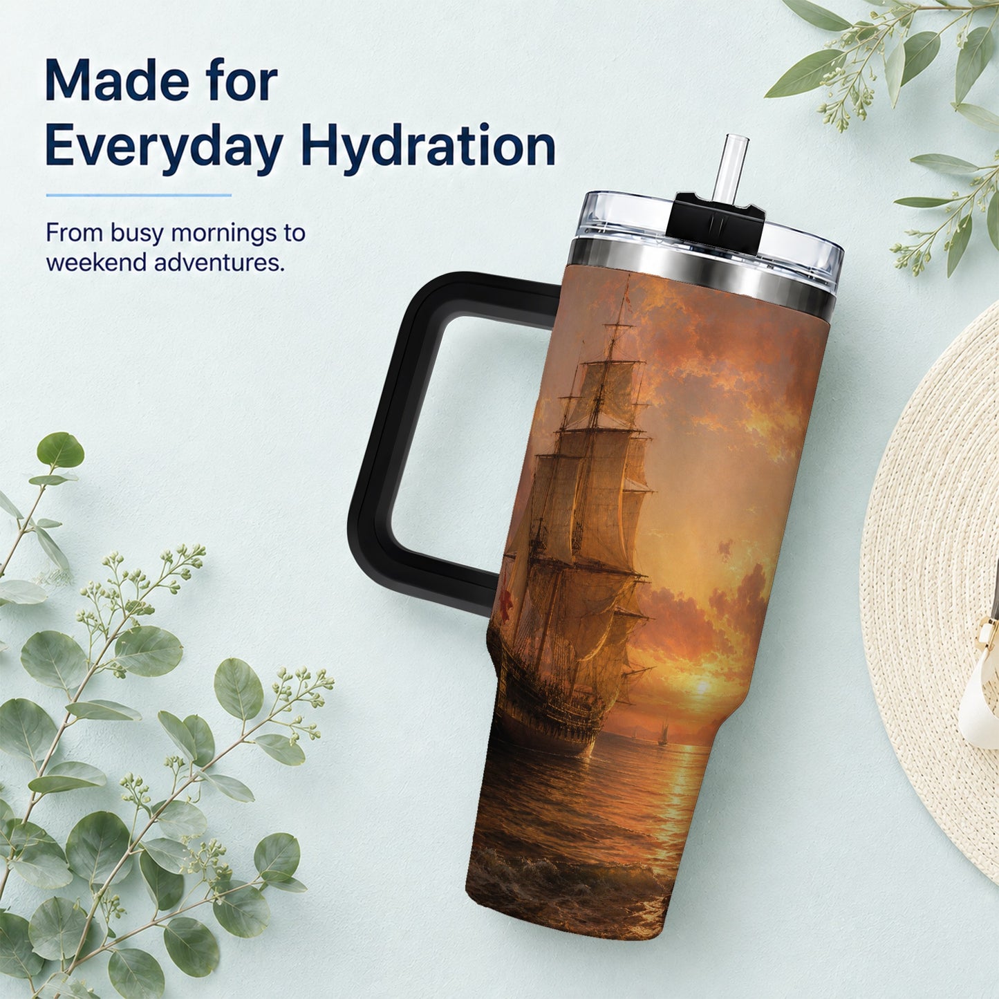 #pl[40oz|Black] Tall Ship Sunset 40oz Tumbler with Handle, Vintage Sailing Scene