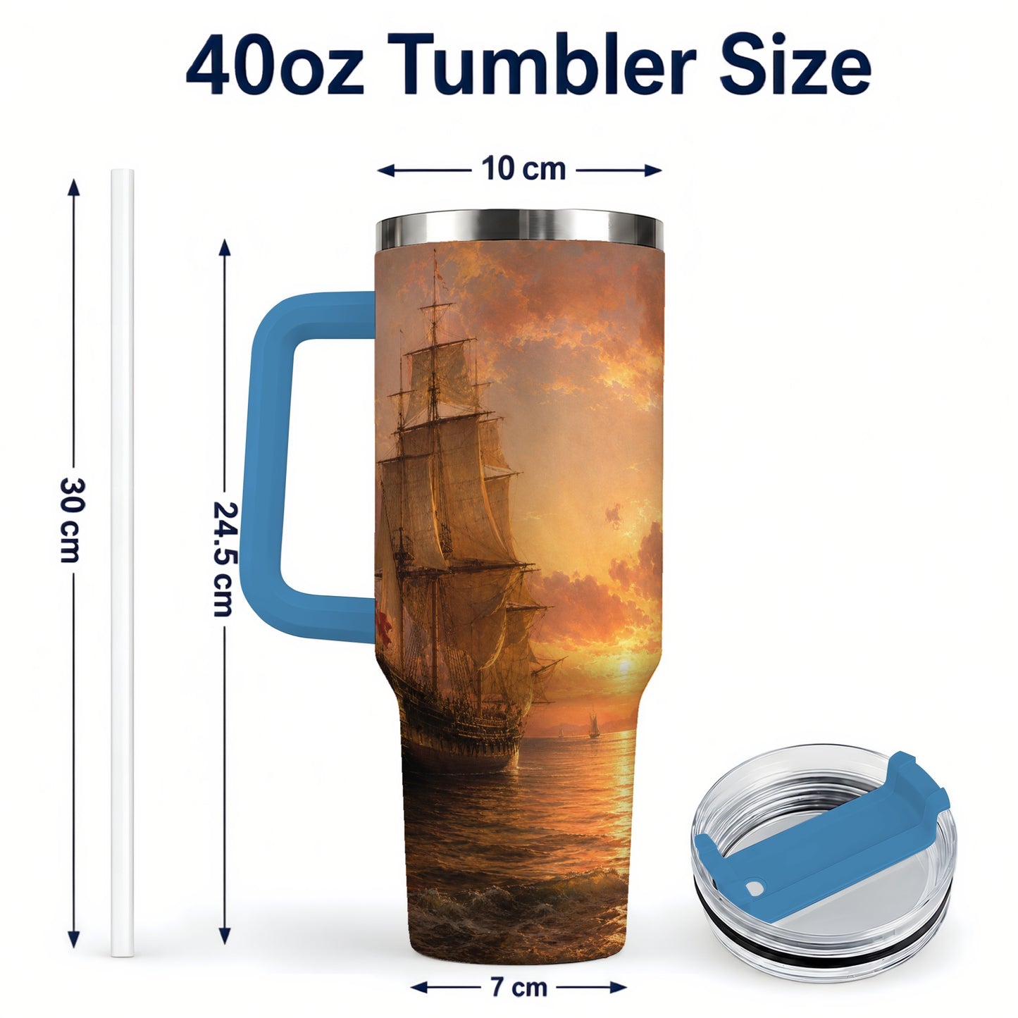 #pl[40oz|Blue] Tall Ship Sunset 40oz Tumbler with Handle, Vintage Sailing Scene