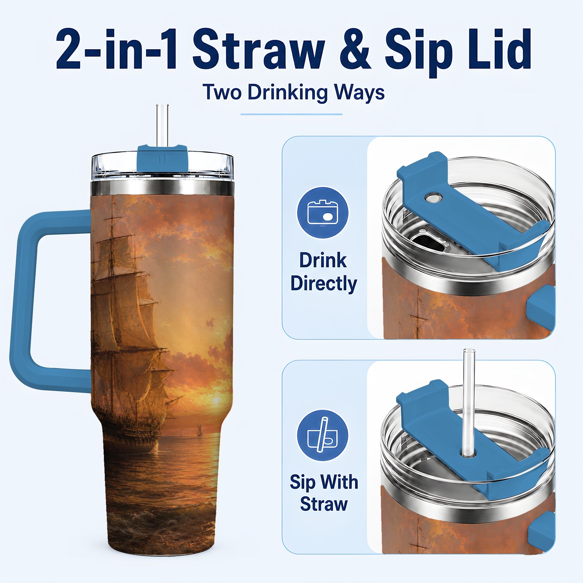 #pl[40oz|Blue] Tall Ship Sunset 40oz Tumbler with Handle, Vintage Sailing Scene