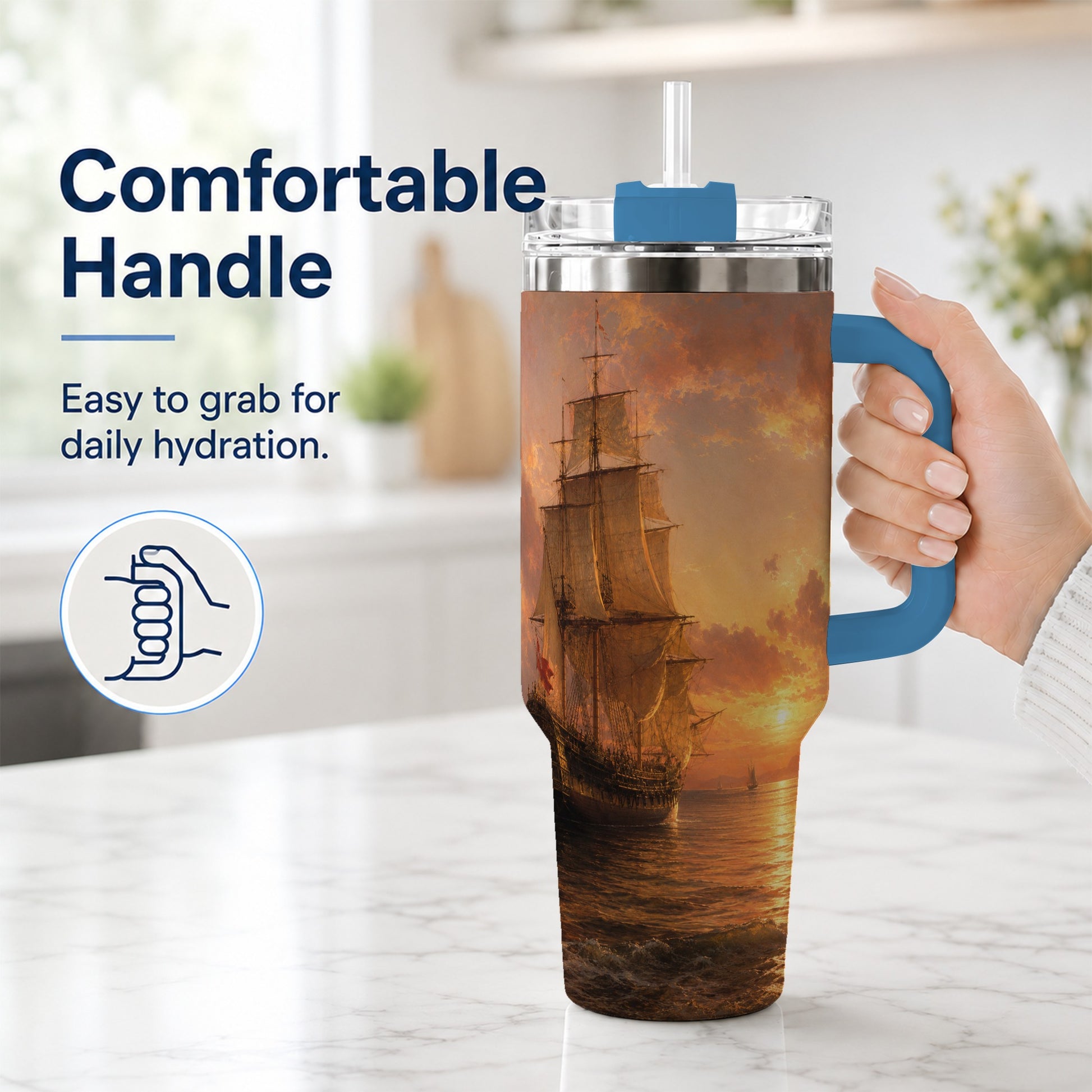 #pl[40oz|Blue] Tall Ship Sunset 40oz Tumbler with Handle, Vintage Sailing Scene