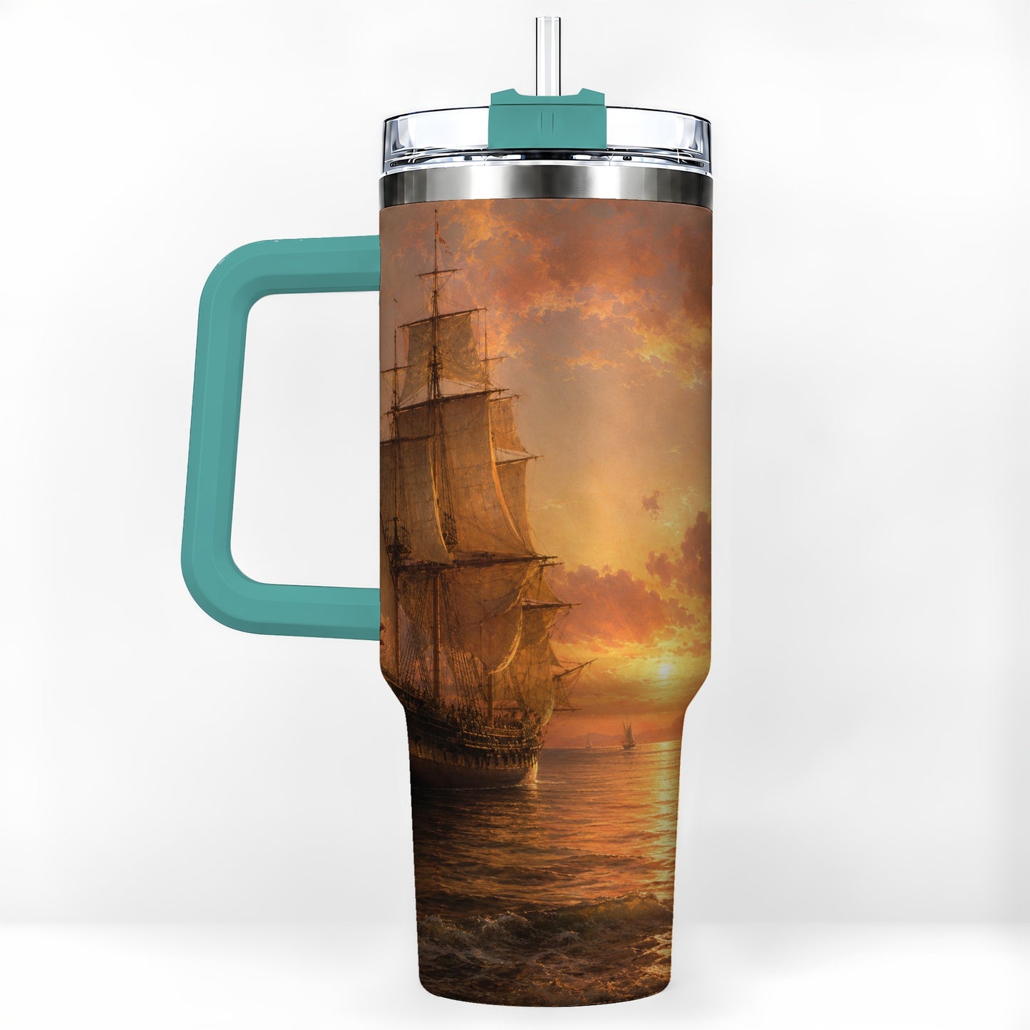 #pl[40oz|Green] Tall Ship Sunset 40oz Tumbler with Handle, Vintage Sailing Scene