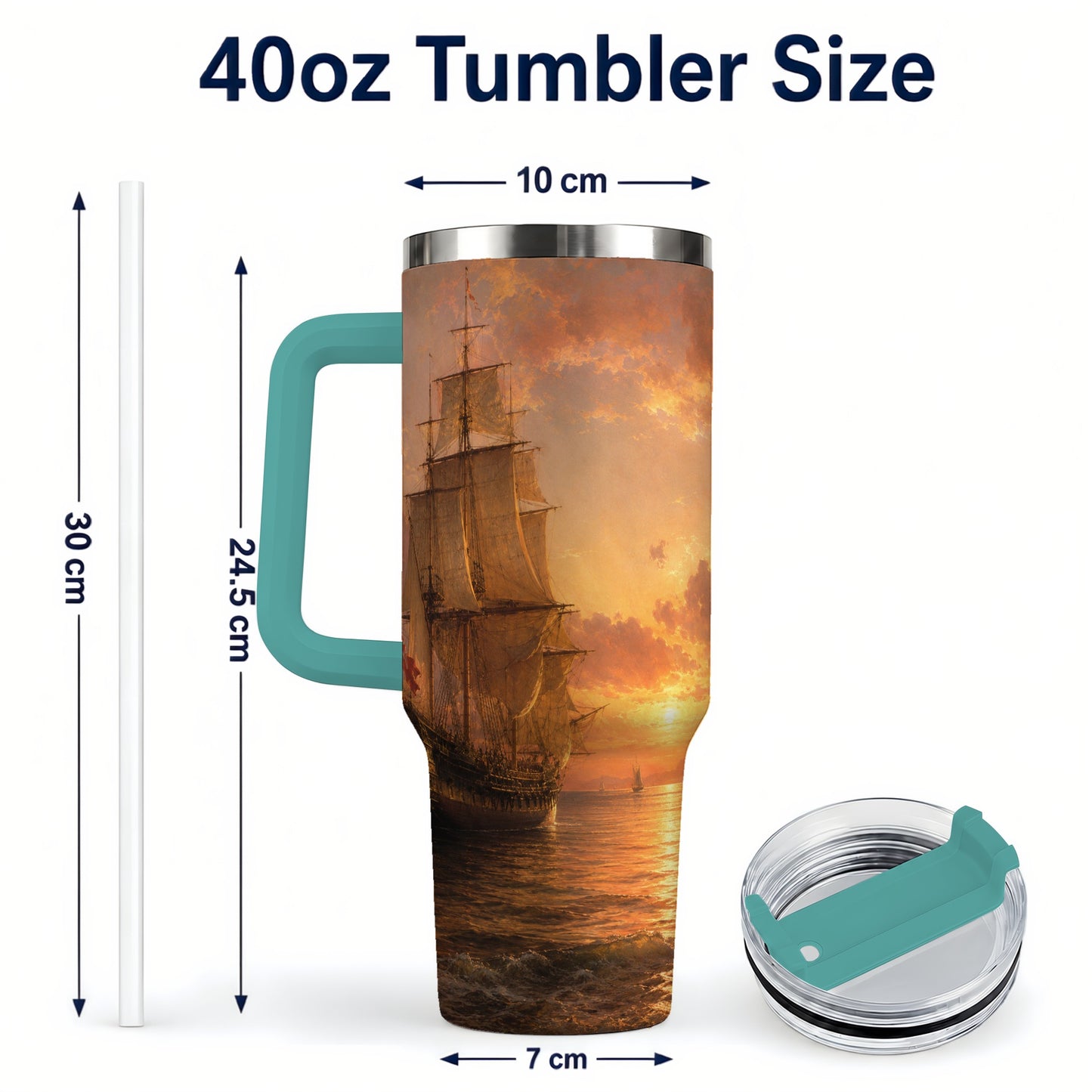 #pl[40oz|Green] Tall Ship Sunset 40oz Tumbler with Handle, Vintage Sailing Scene