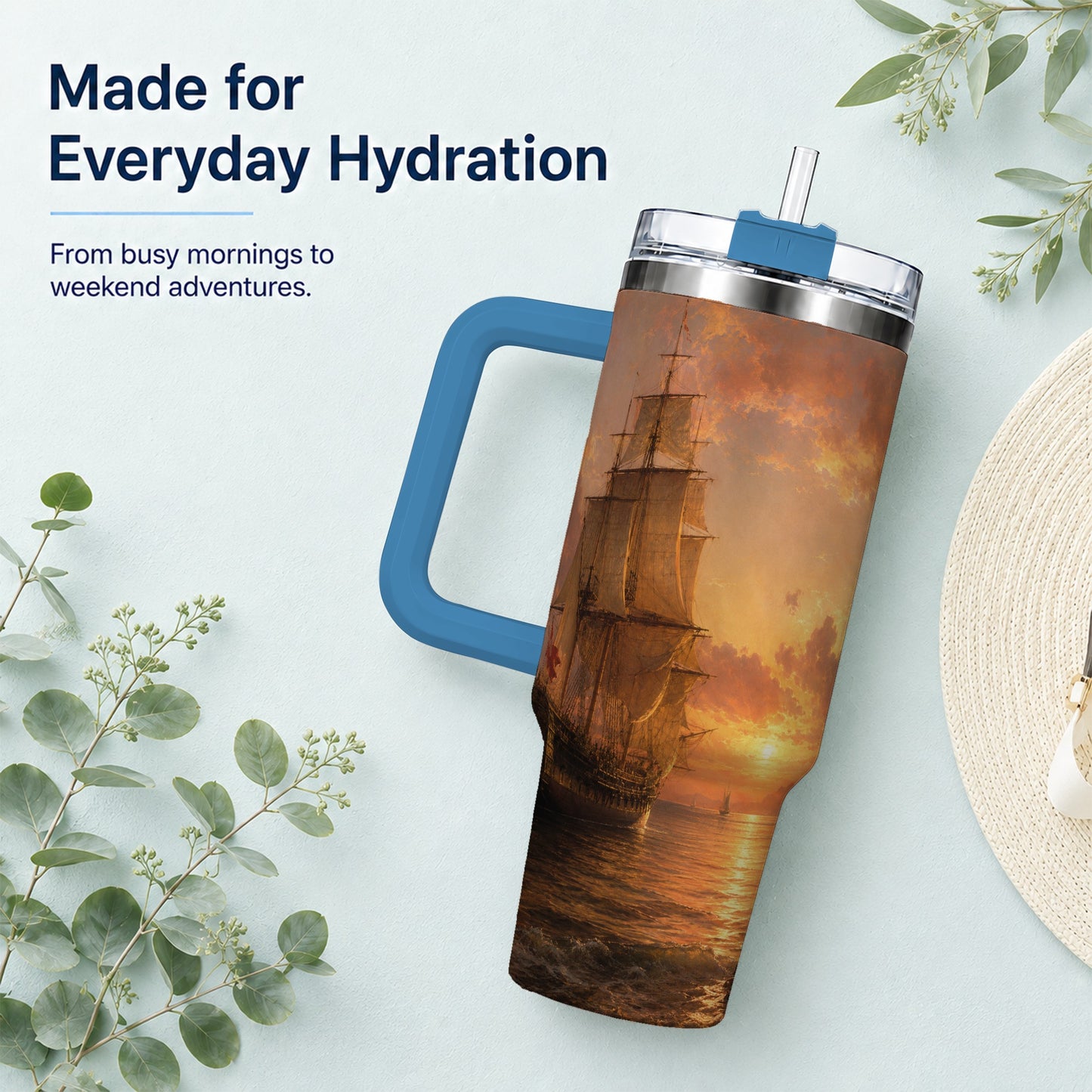 #pl[40oz|Blue] Tall Ship Sunset 40oz Tumbler with Handle, Vintage Sailing Scene